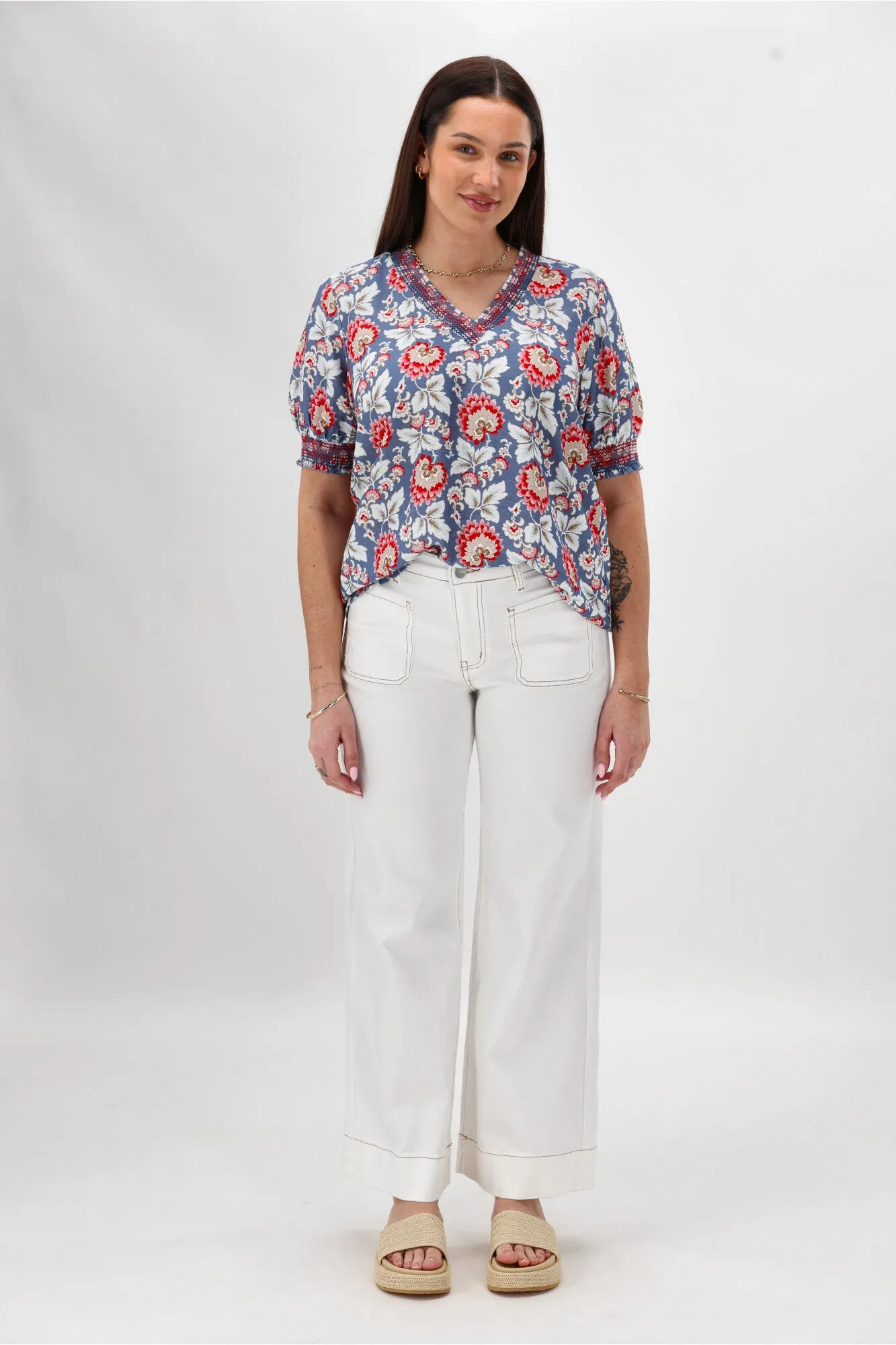 Laser Cut Edges Biodegradable Fiber Composition Gloss The Label Stacy Shirred Detail Floral Top Blue Paisley Floral