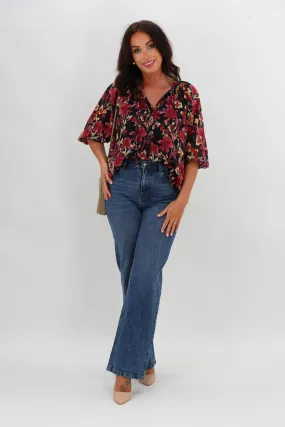 FrenchTerry VersatileLayering Gloss The Label Tihana Frill Neck Blouse Black and Cranberry Floral