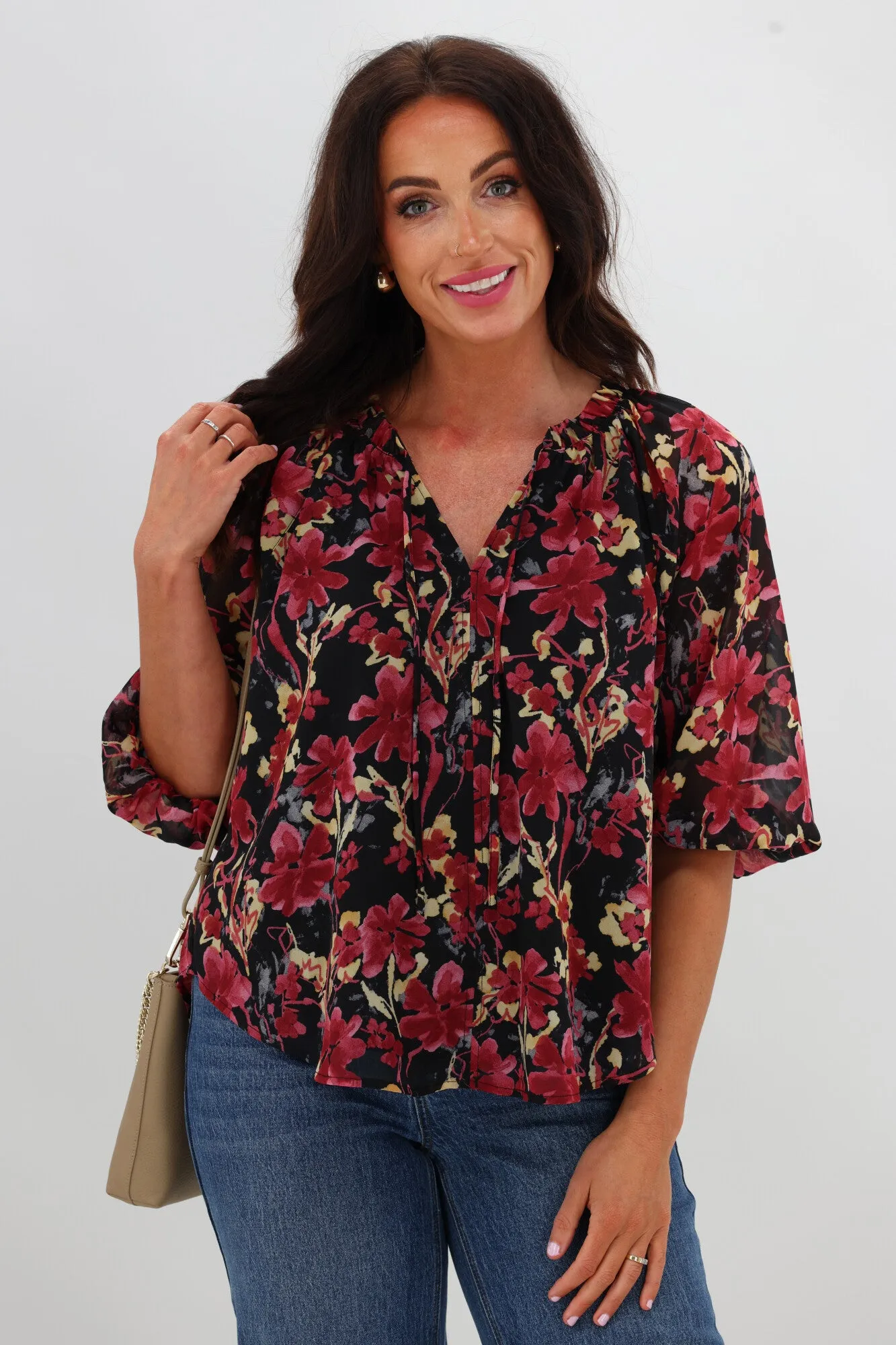 DoubleStitched Hem ThermalInsulation Gloss The Label Tihana Frill Neck Blouse Black and Cranberry Floral