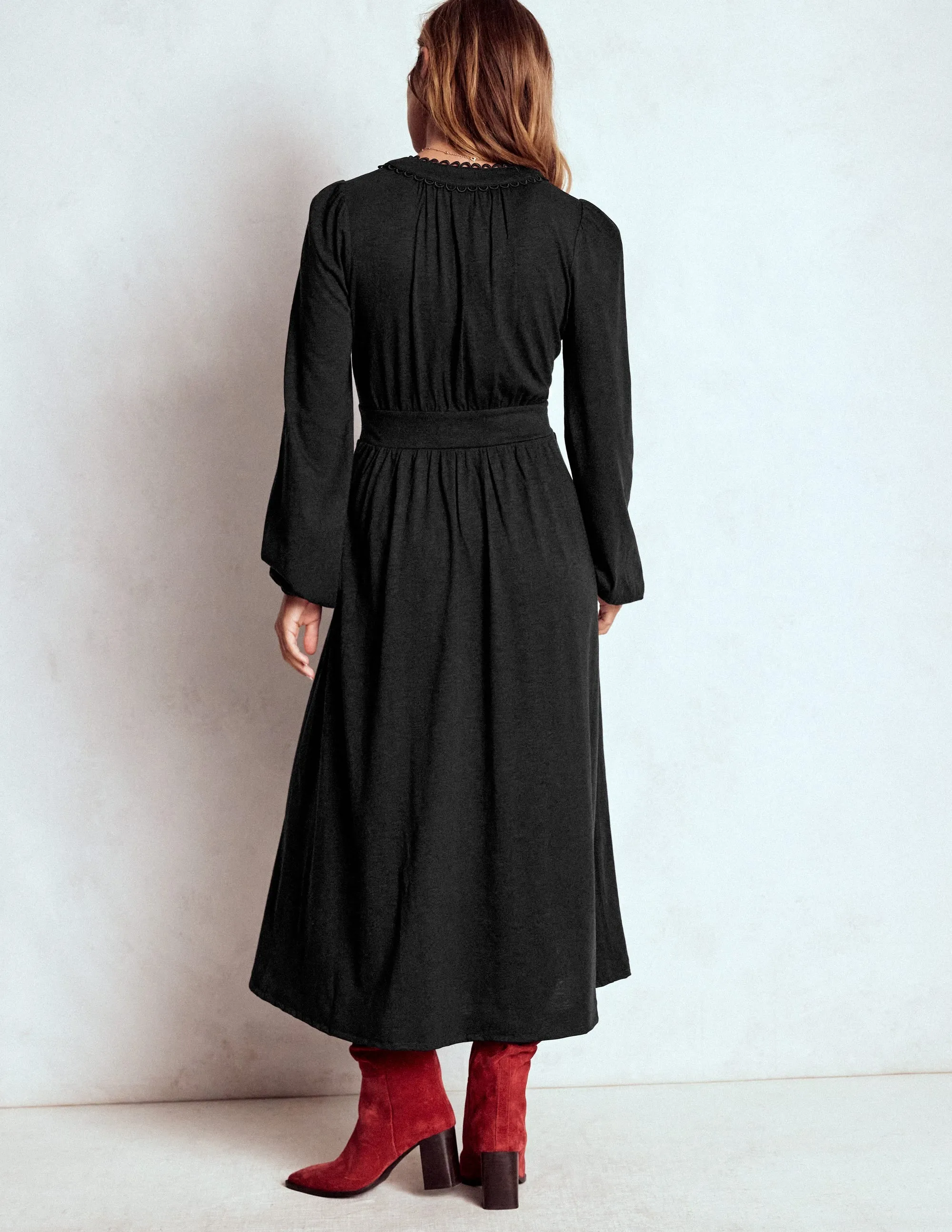 Maddie Picot Trim Midi Dress-Black Wide Swing