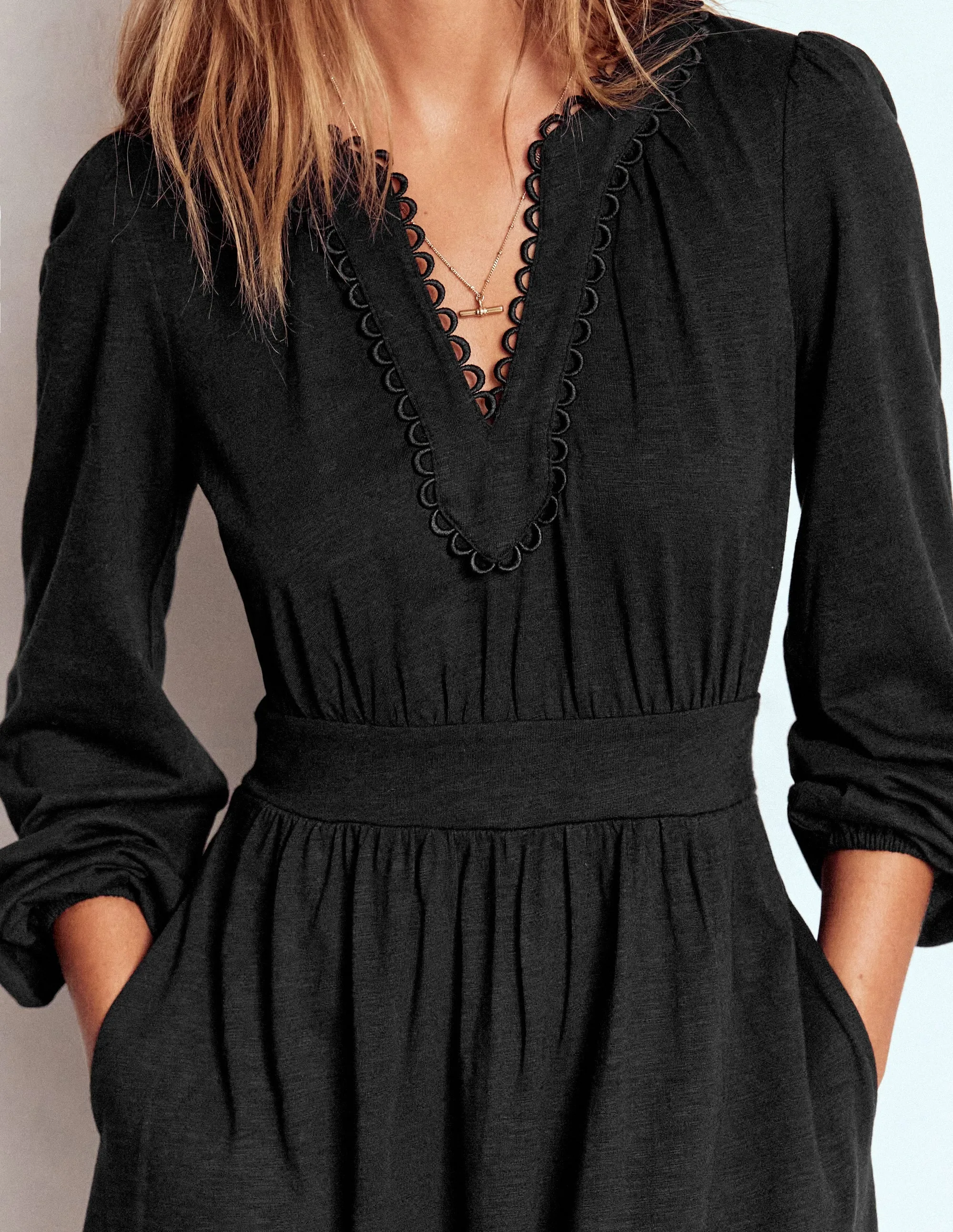 Stylish Touch Maddie Picot Trim Midi Dress-Black