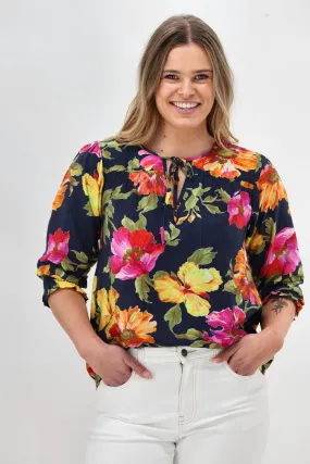 PuckerFree Surface Sunday Boho St Tropez Floral Top Navy