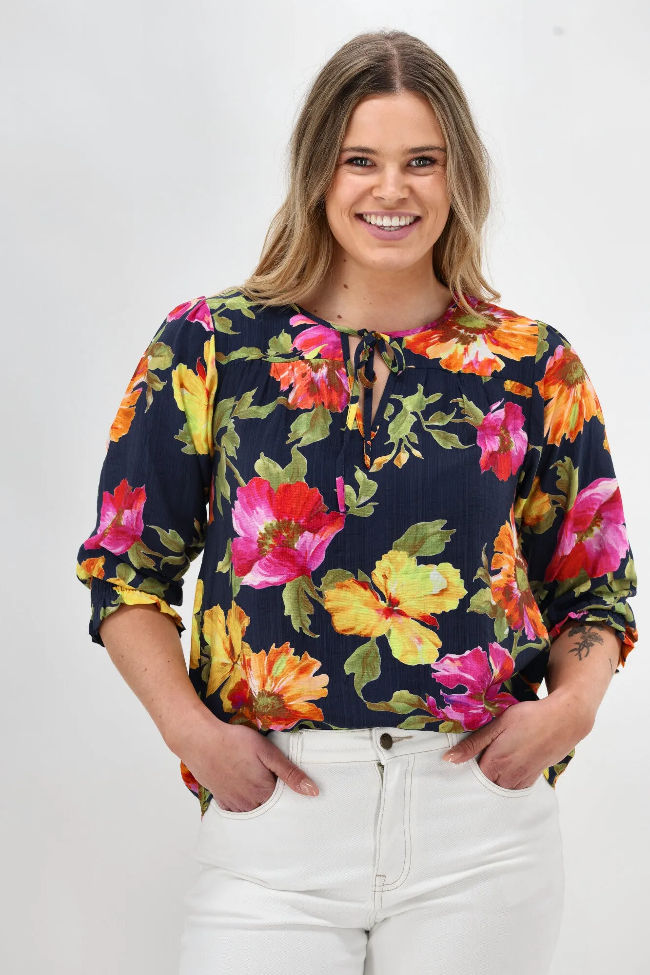PuckerFree Surface Sunday Boho St Tropez Floral Top Navy