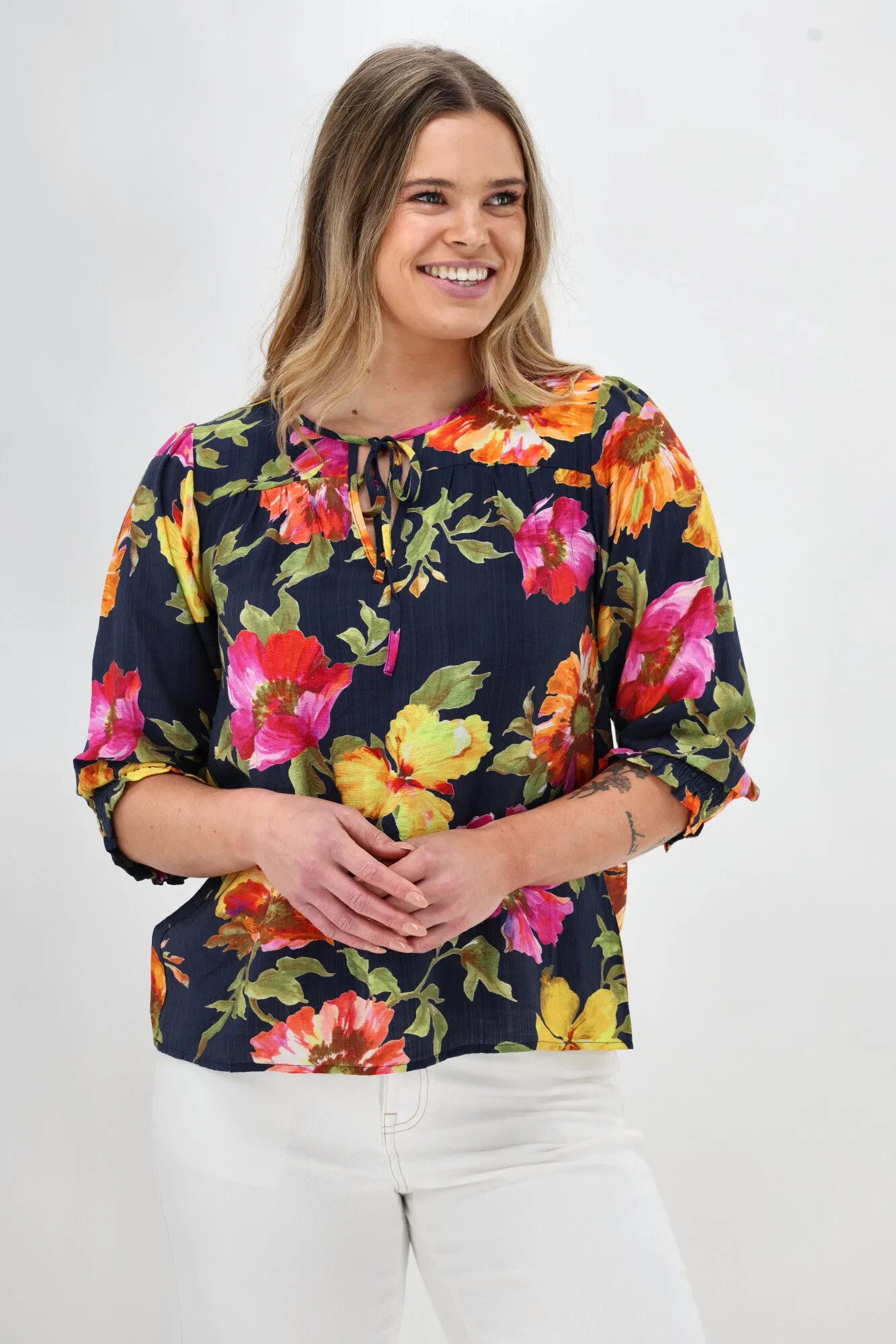 Anti Static Fabric Sustainable Manufacturing Sunday Boho St Tropez Floral Top Navy