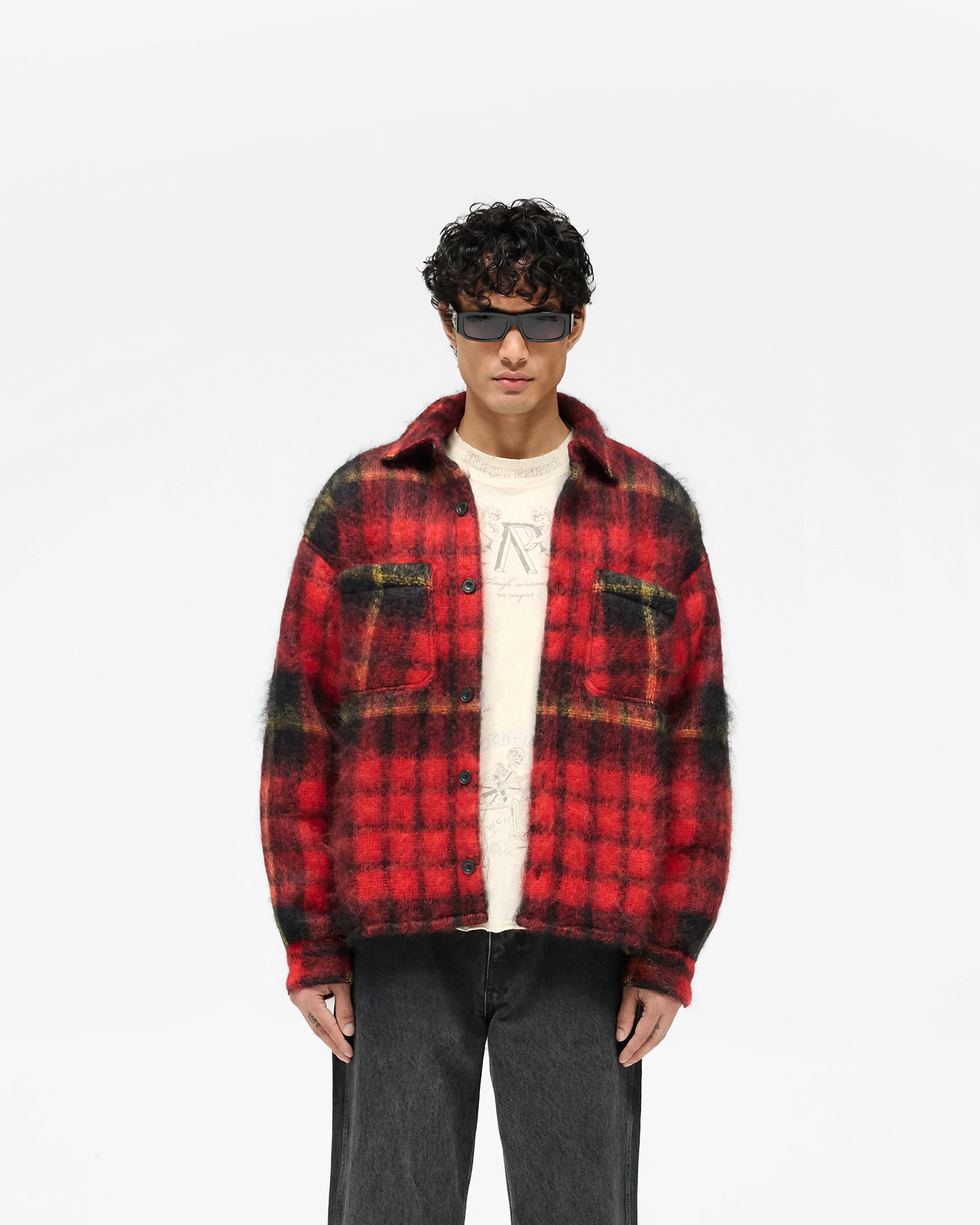 Mohair Overshirt - Red Check Sustainable Manufacturing Process Flatlock stitching