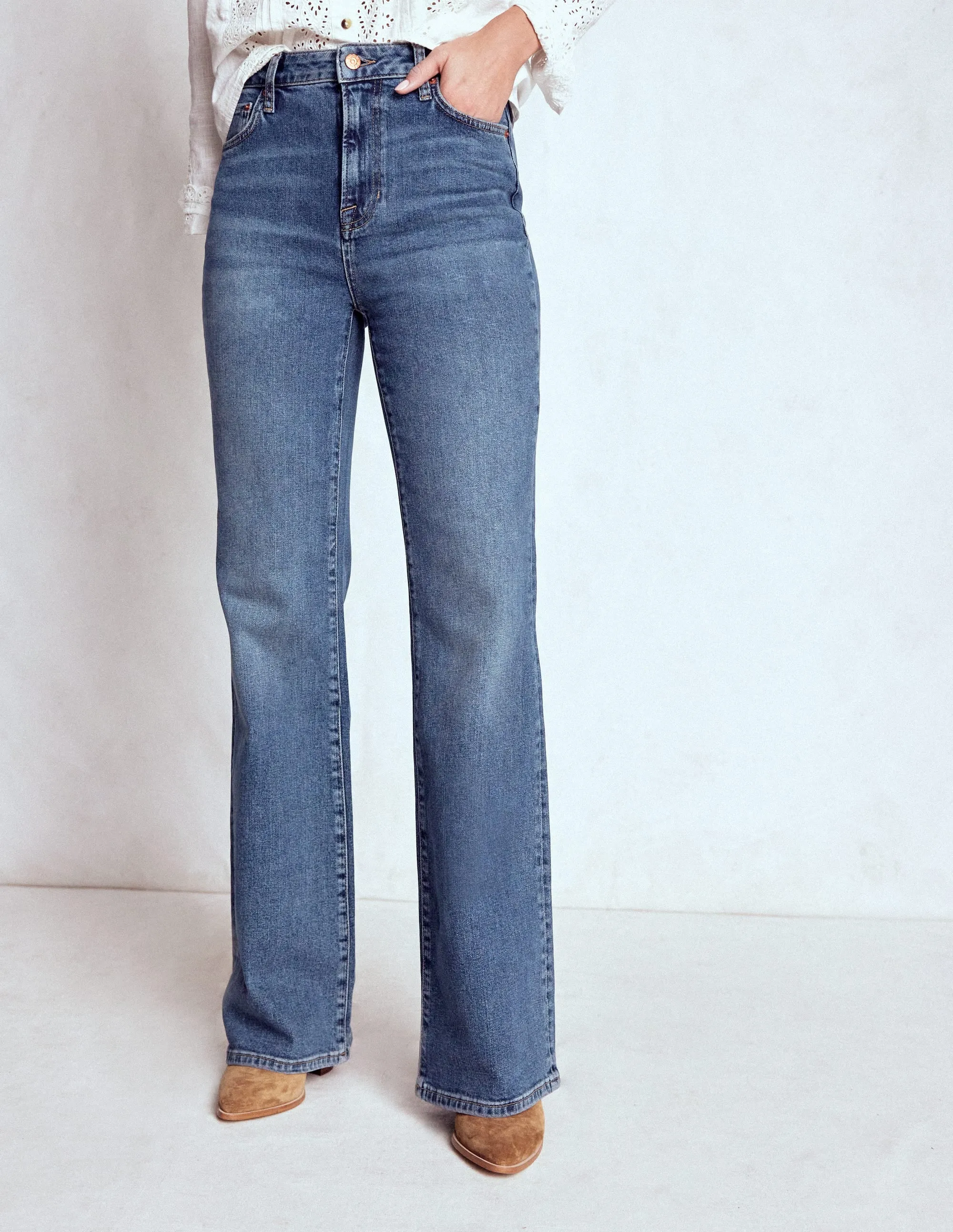 Sunny Vibes Vibrant Relaxed Style High Rise Fitted Flare Jeans-Mid Vintage