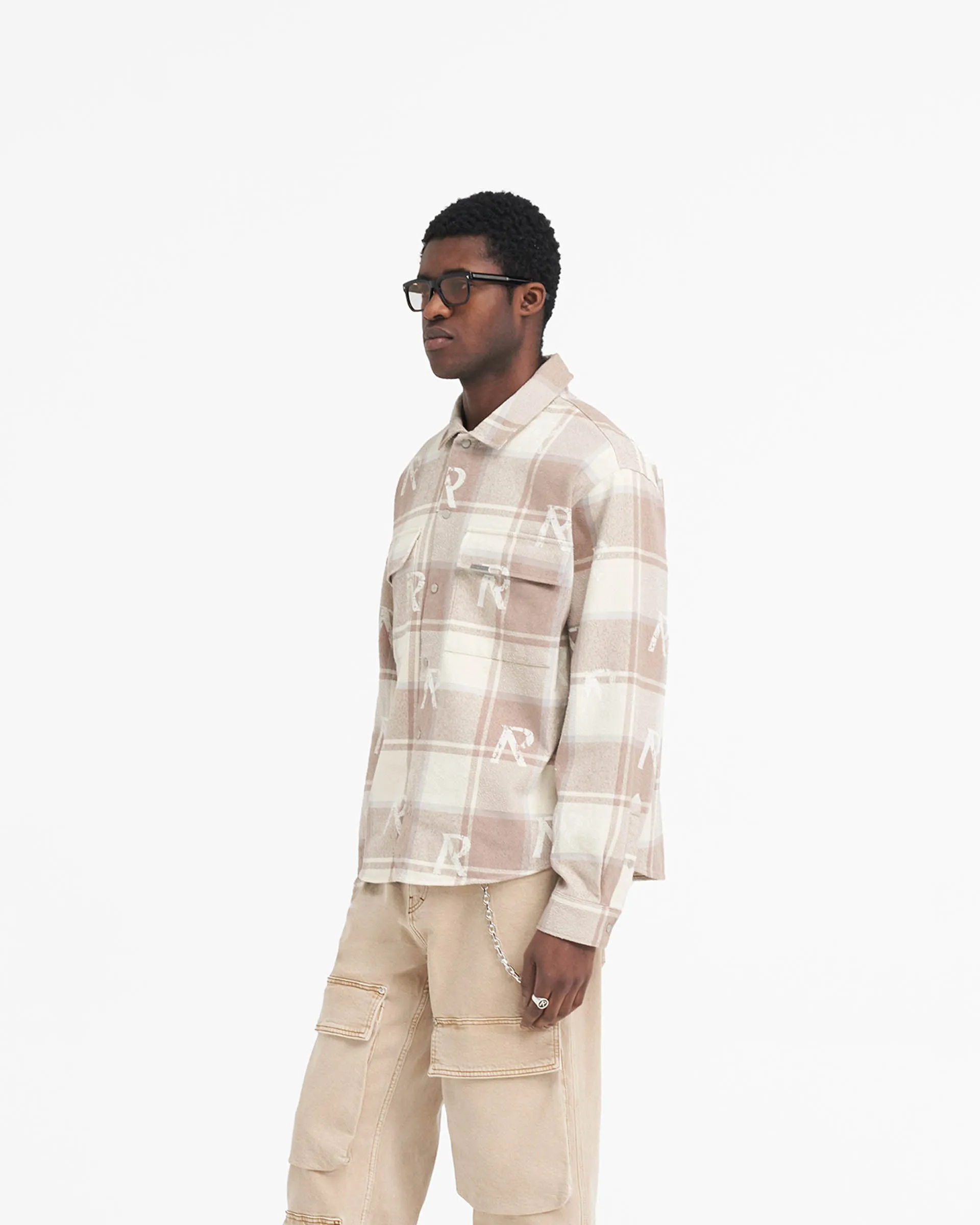 All Over Initial Flannel Shirt - Cashmere Flatlock stitching Non Iron