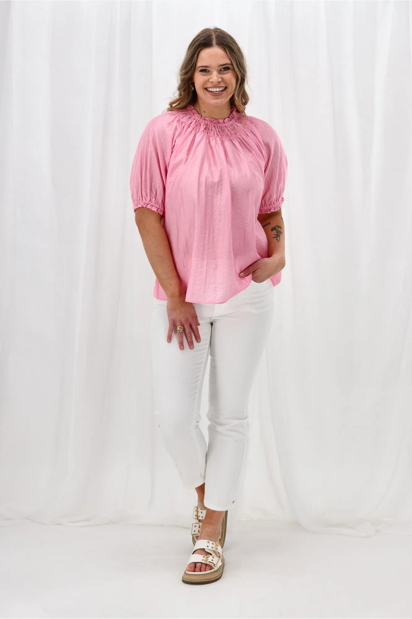 Reinforced Stress Points Garment Washed Finish Gloss The Label Serena Peasant Top Pink