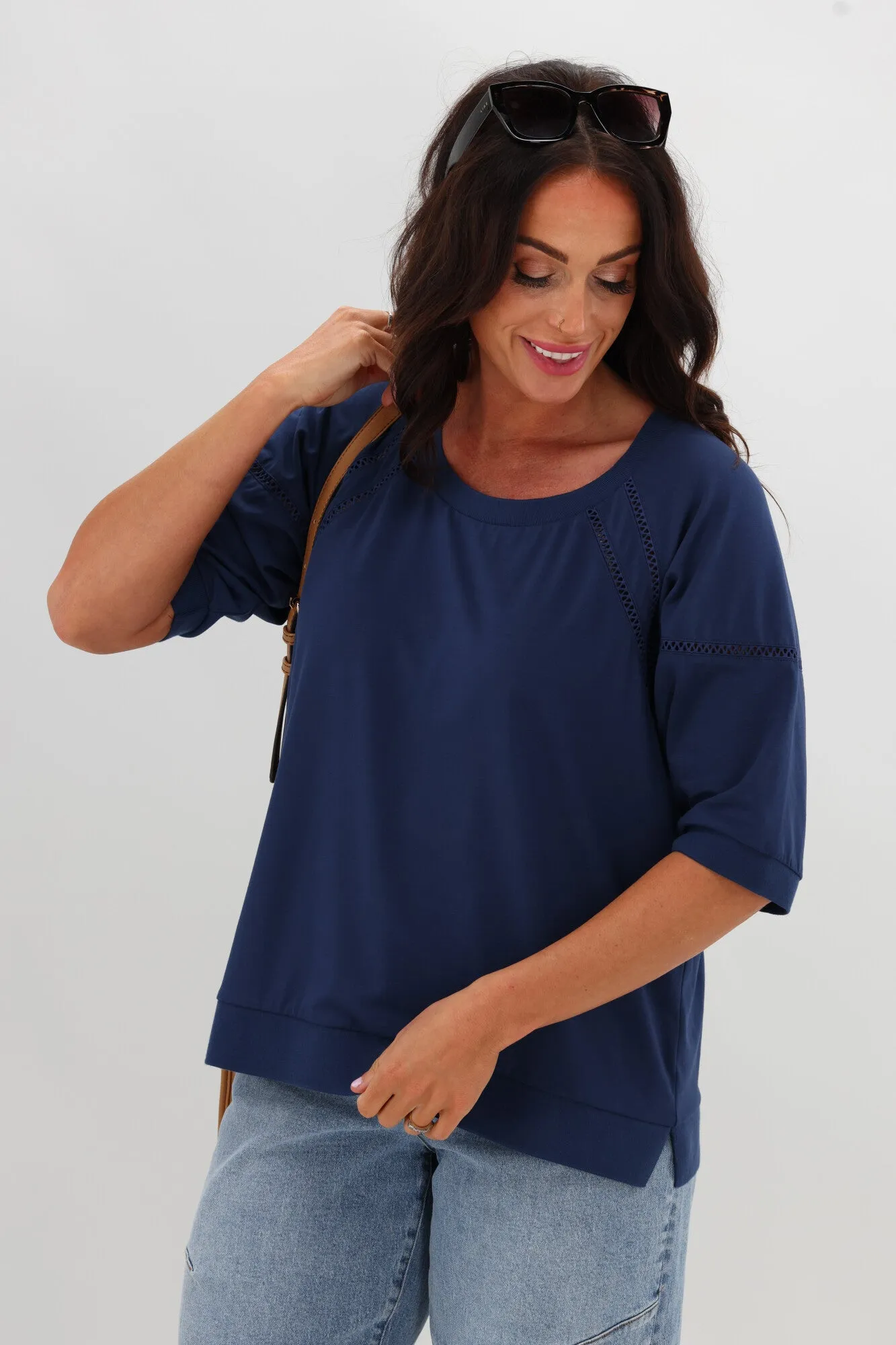 Shine On Label Bronwen Ladder Lace Top Blue LongWearingComfort Noise Reduced Zipper