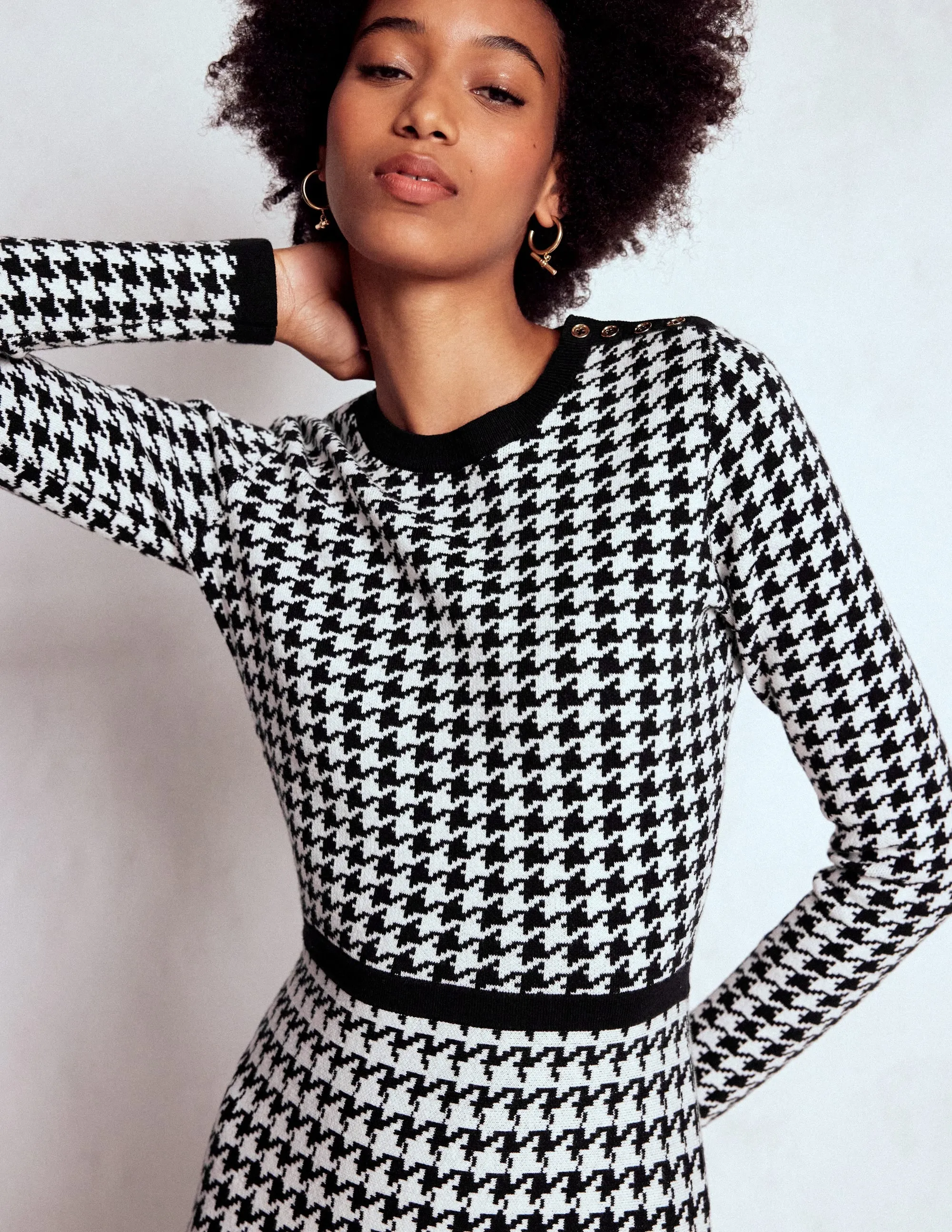 Feel Good Subtle Glam Maria Button Knitted Dress-Black and Ivory Dogstooth