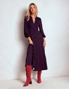 Chill Moment Slim Shape Ivy Smocked Midi Dress-French Navy, Painted Dot