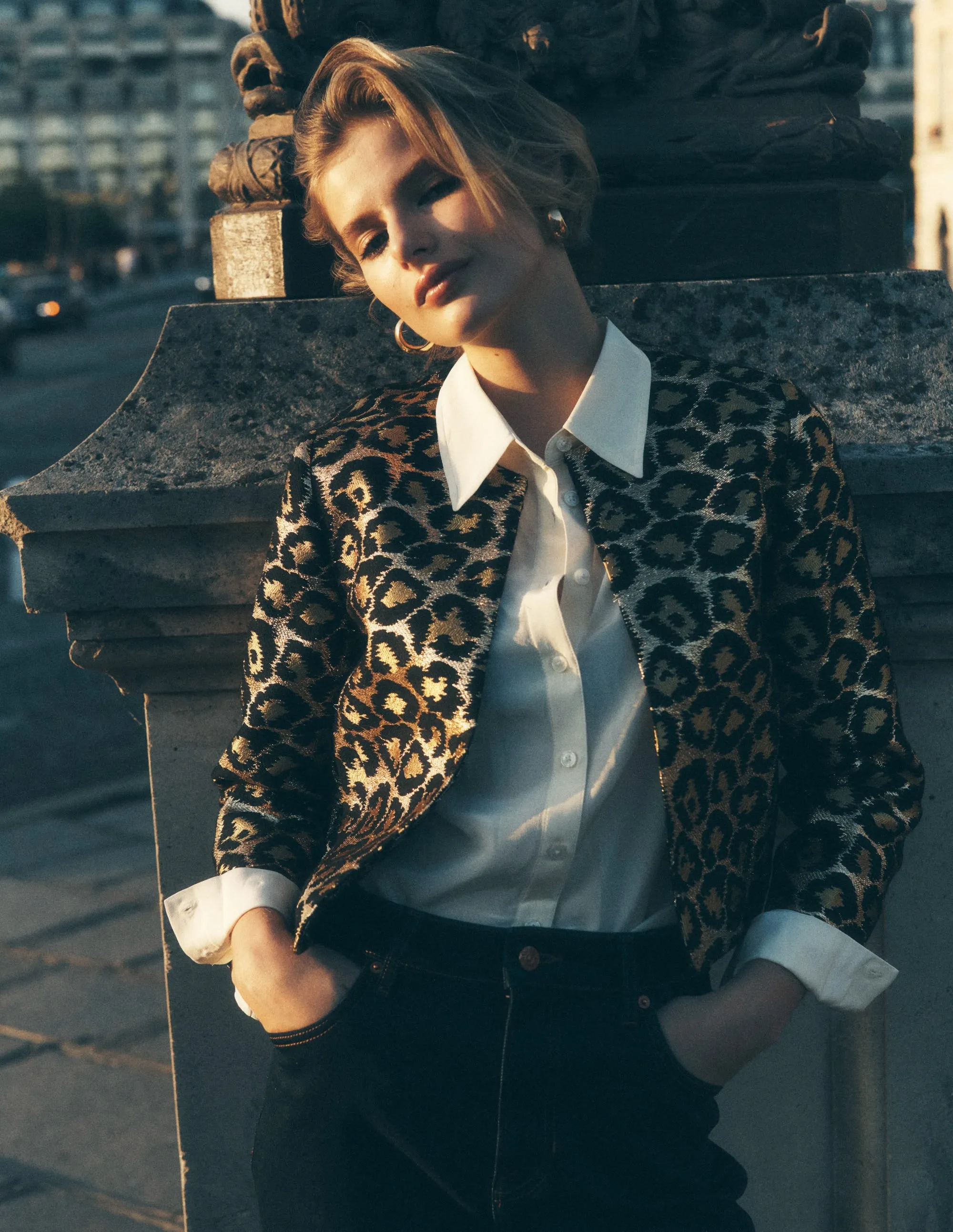 Jacquard Leopard Jacket-Leopard, Lurex Jacquard Fleece Backing Faux Fur Collar