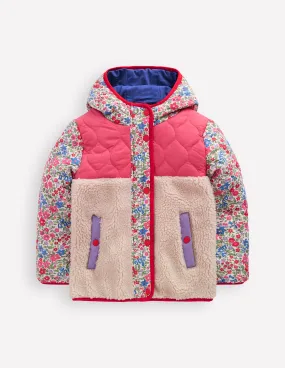 High Collar Design High Visibility Trims Janie Borg Mix Jacket-Rose Pink Flowerbed