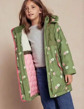 Joni Quilted Parka Coat-Green Floral High Collar Windguard Mid Season Wear