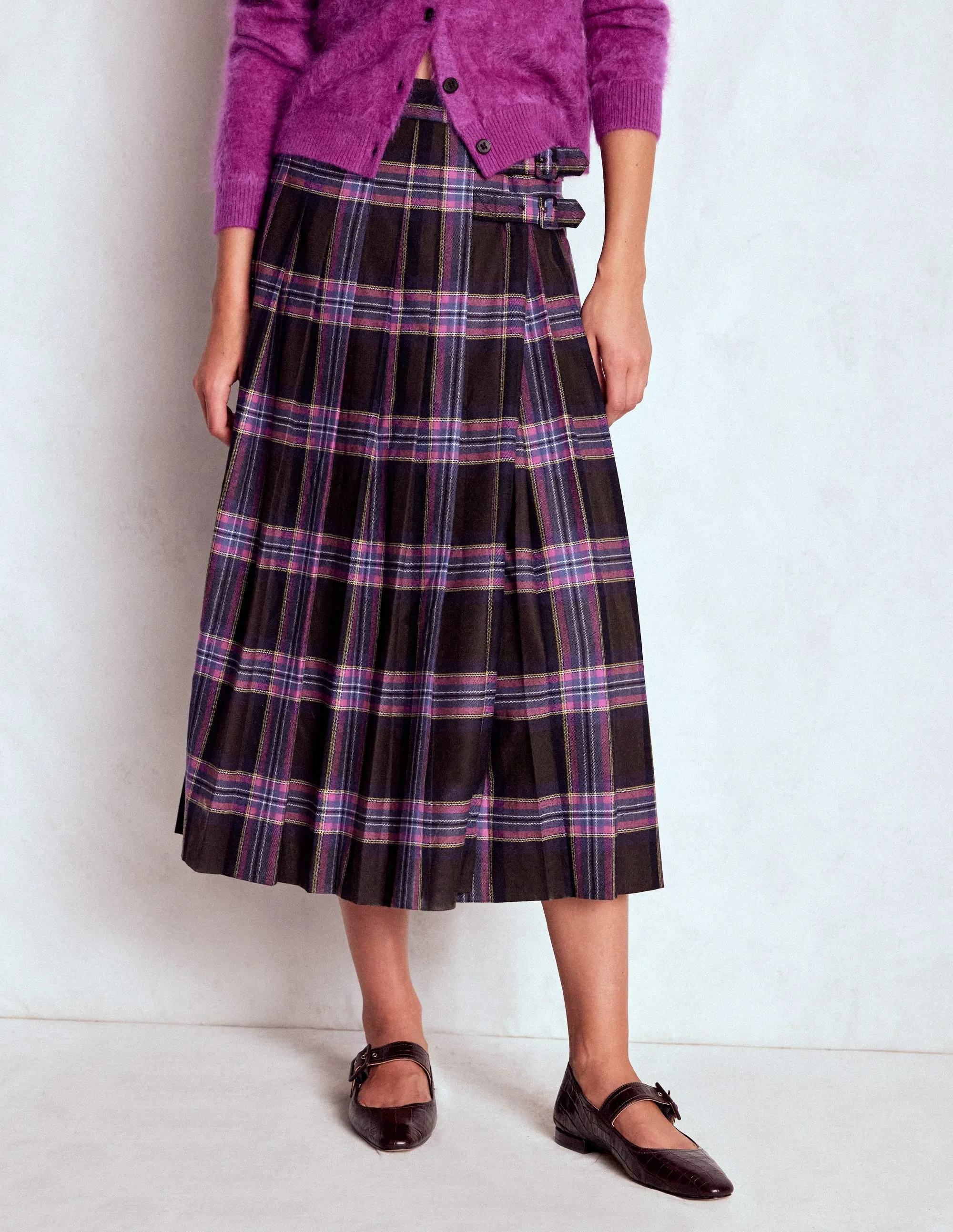 Friction Free Matte Texture Josephine Wool Kilt Skirt-Brown, Teal & Pink Check