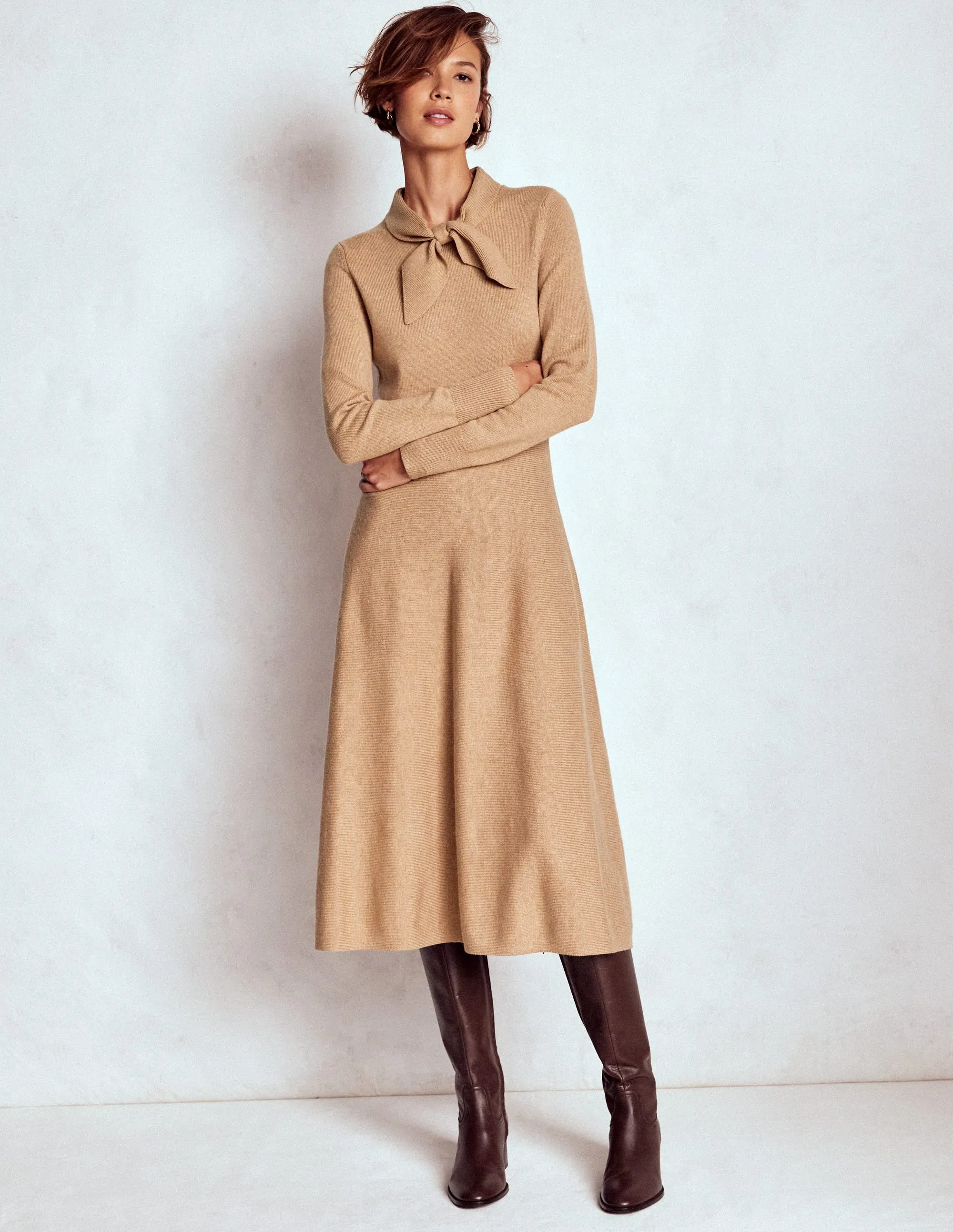 Casual and Smart Knitted Bow Dress-Camel Melange