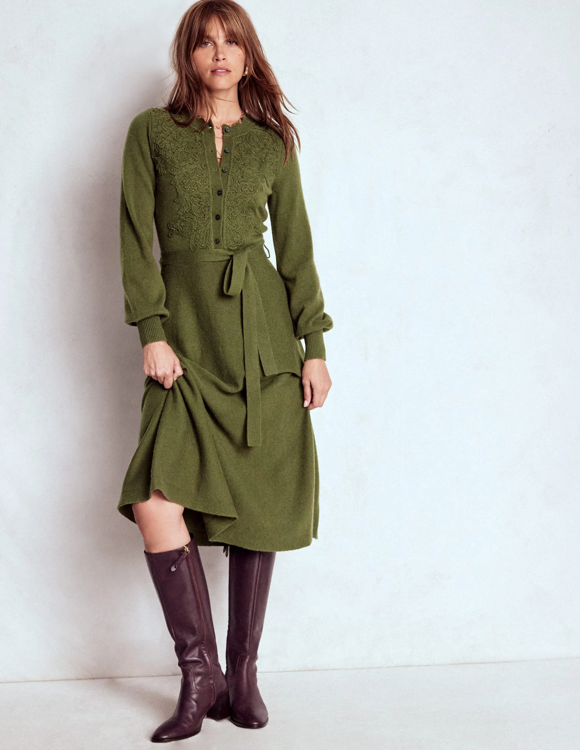 Mood Flex Lace Insert Knitted Midi Dress-Forest Glade