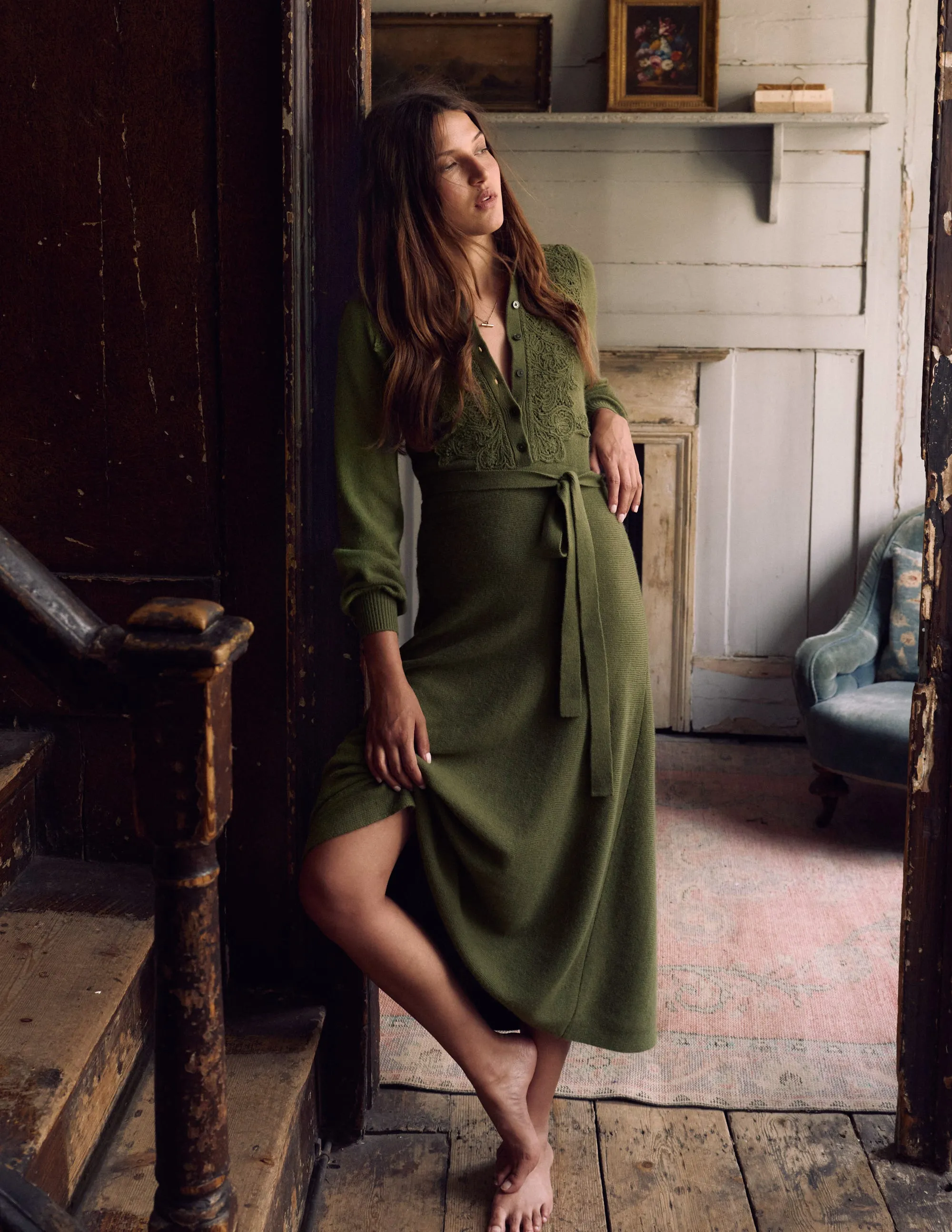 Lace Insert Knitted Midi Dress-Forest Glade Shine Moment Layer Safe