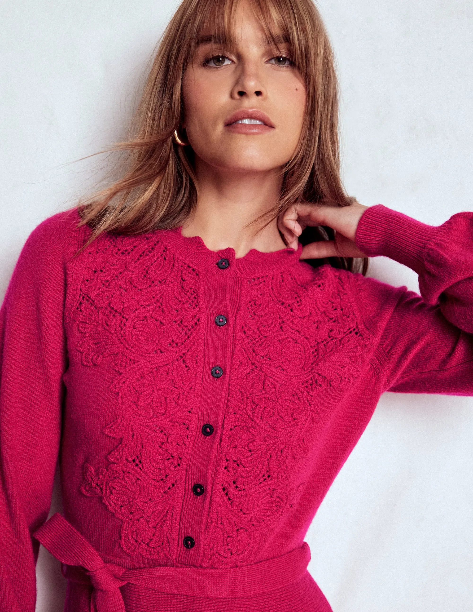 Lace Insert Knitted Midi Dress-Vibrant Pink Satin Finish