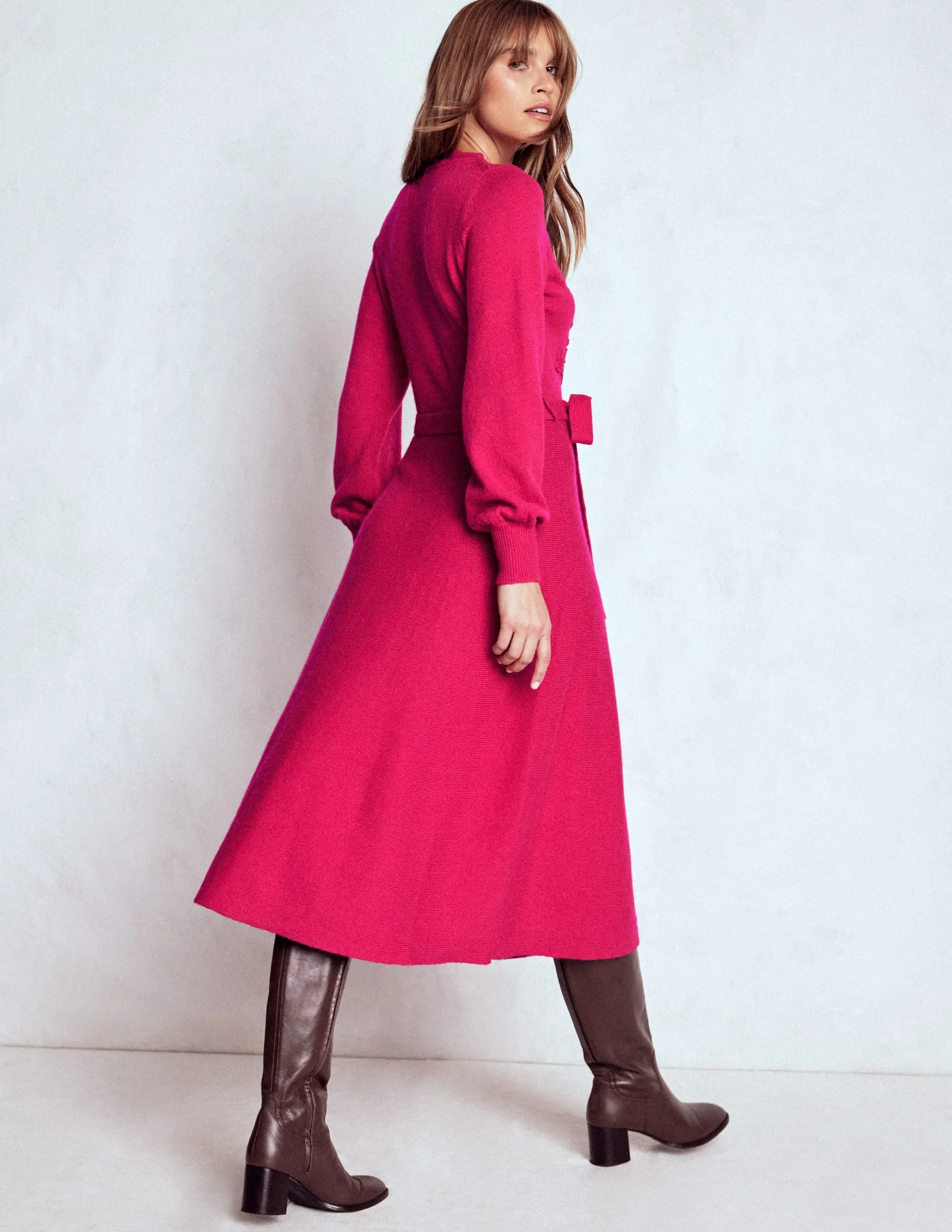 Pleated design Lace Insert Knitted Midi Dress-Vibrant Pink