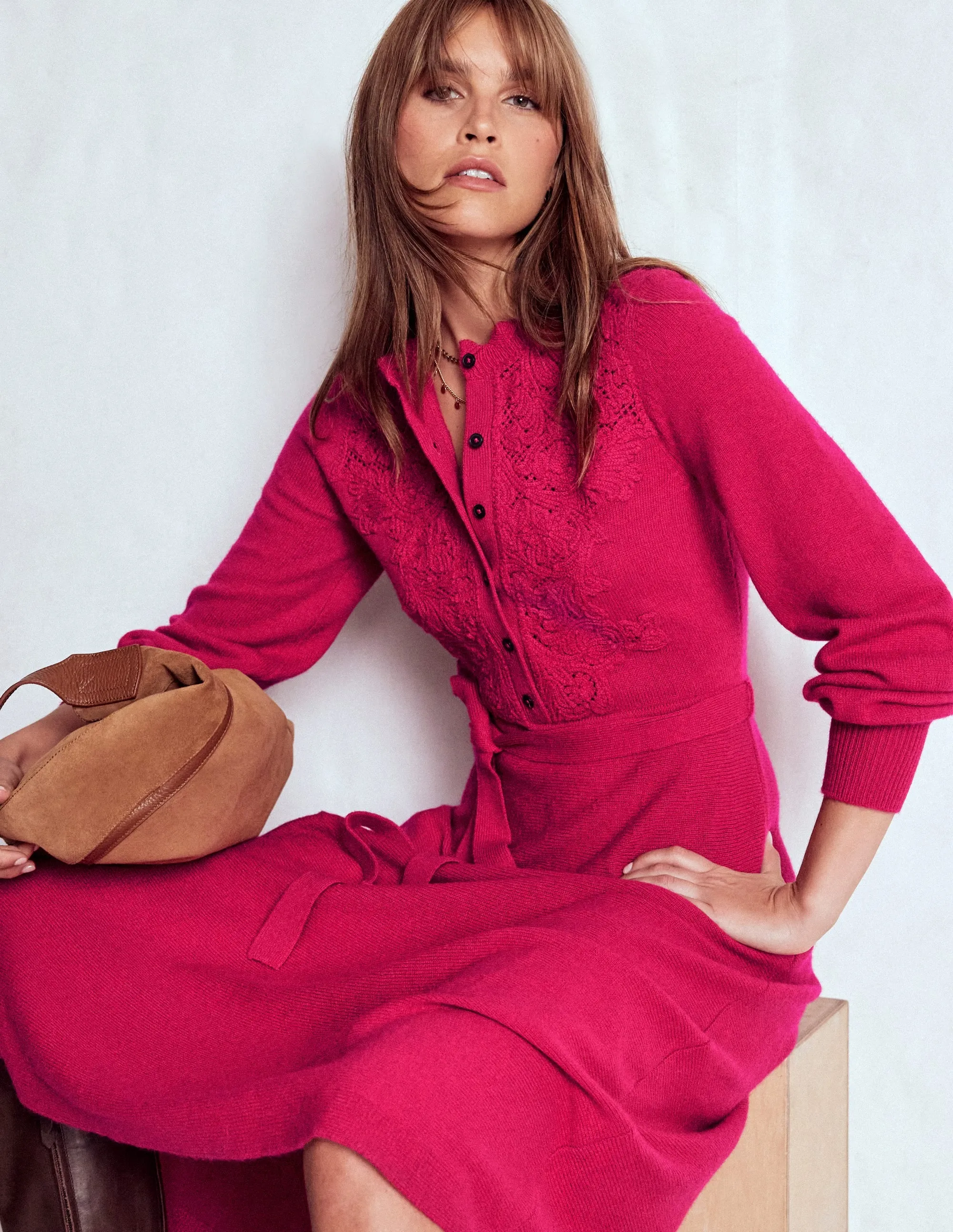 Lace Insert Knitted Midi Dress-Vibrant Pink Neutral Aesthetic Euro Touch