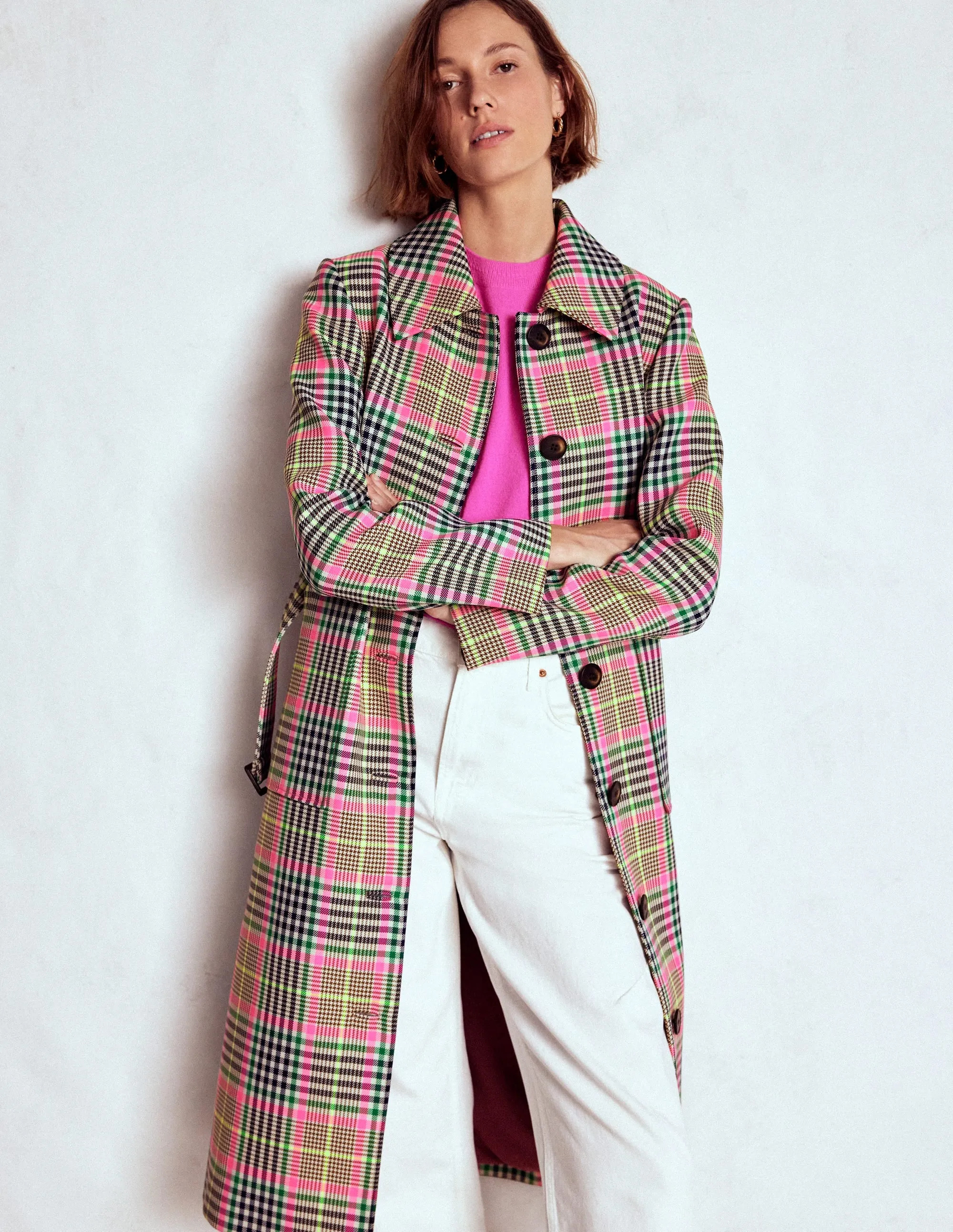 Lancaster Belted Mac-Brown, Neon Pink Check Moisture Wicking Inner Layer Collar Stabilization System