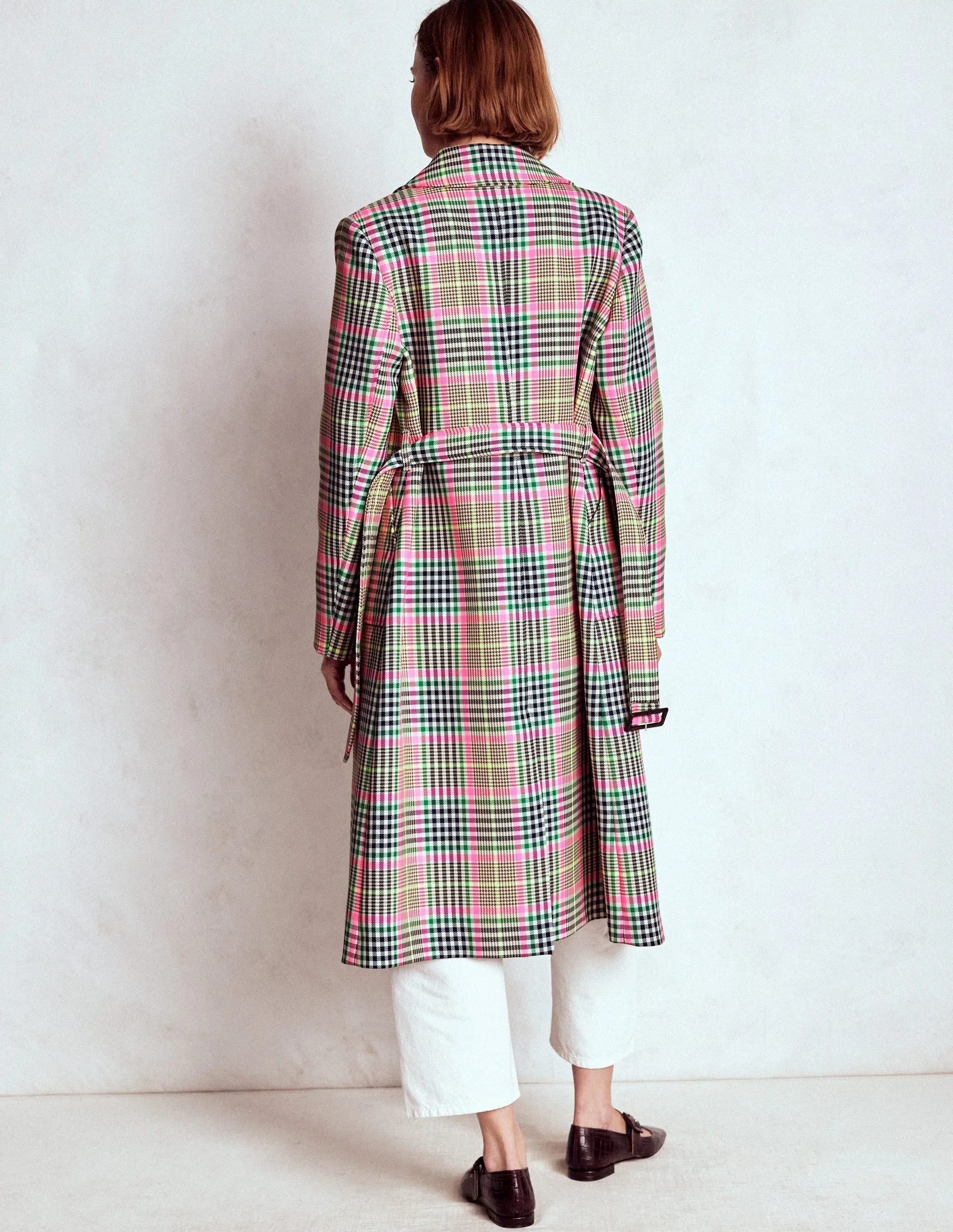 Lancaster Belted Mac-Brown, Neon Pink Check Convertible Cuff System