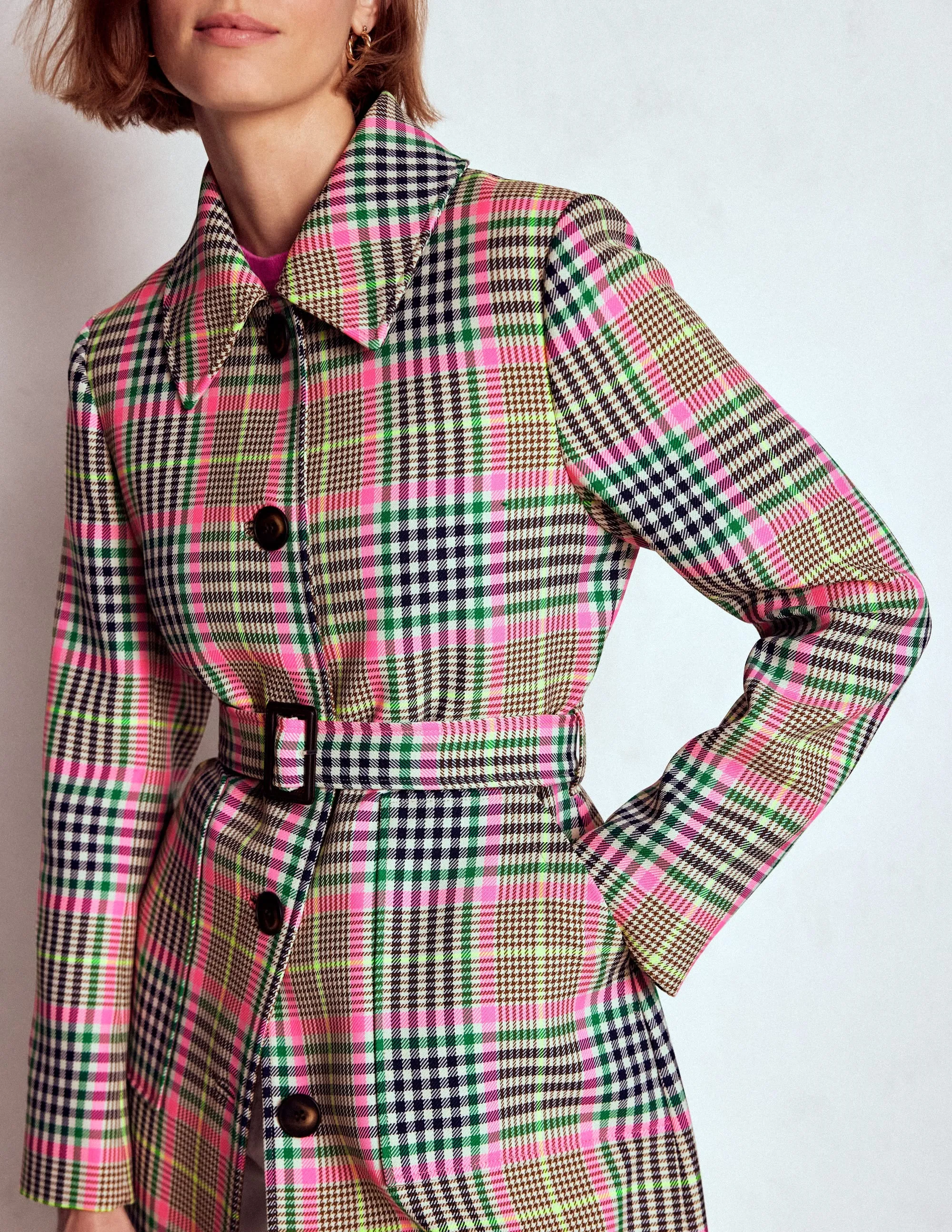 Lancaster Belted Mac-Brown, Neon Pink Check Wool blend Modular Layering Compatibility