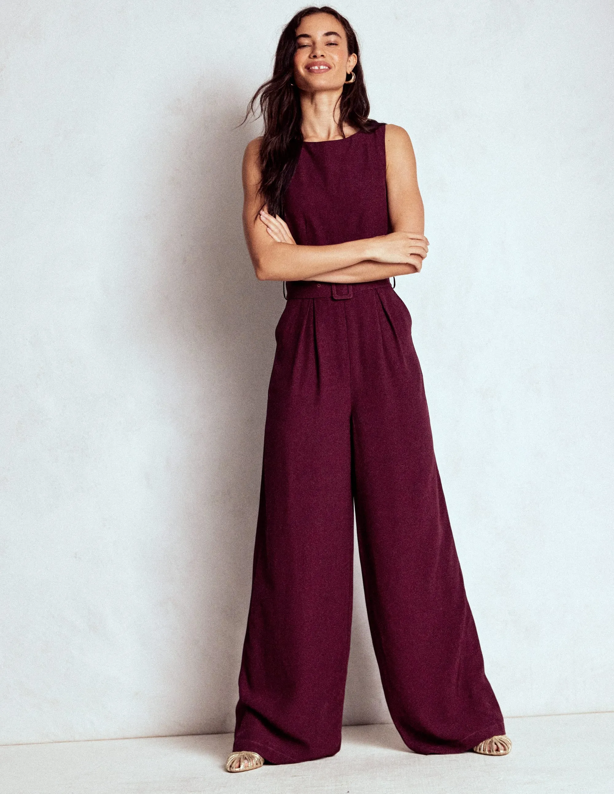 Gwen Slash Neck Jumpsuit-Dark Cherry Photo Light Smart Texture