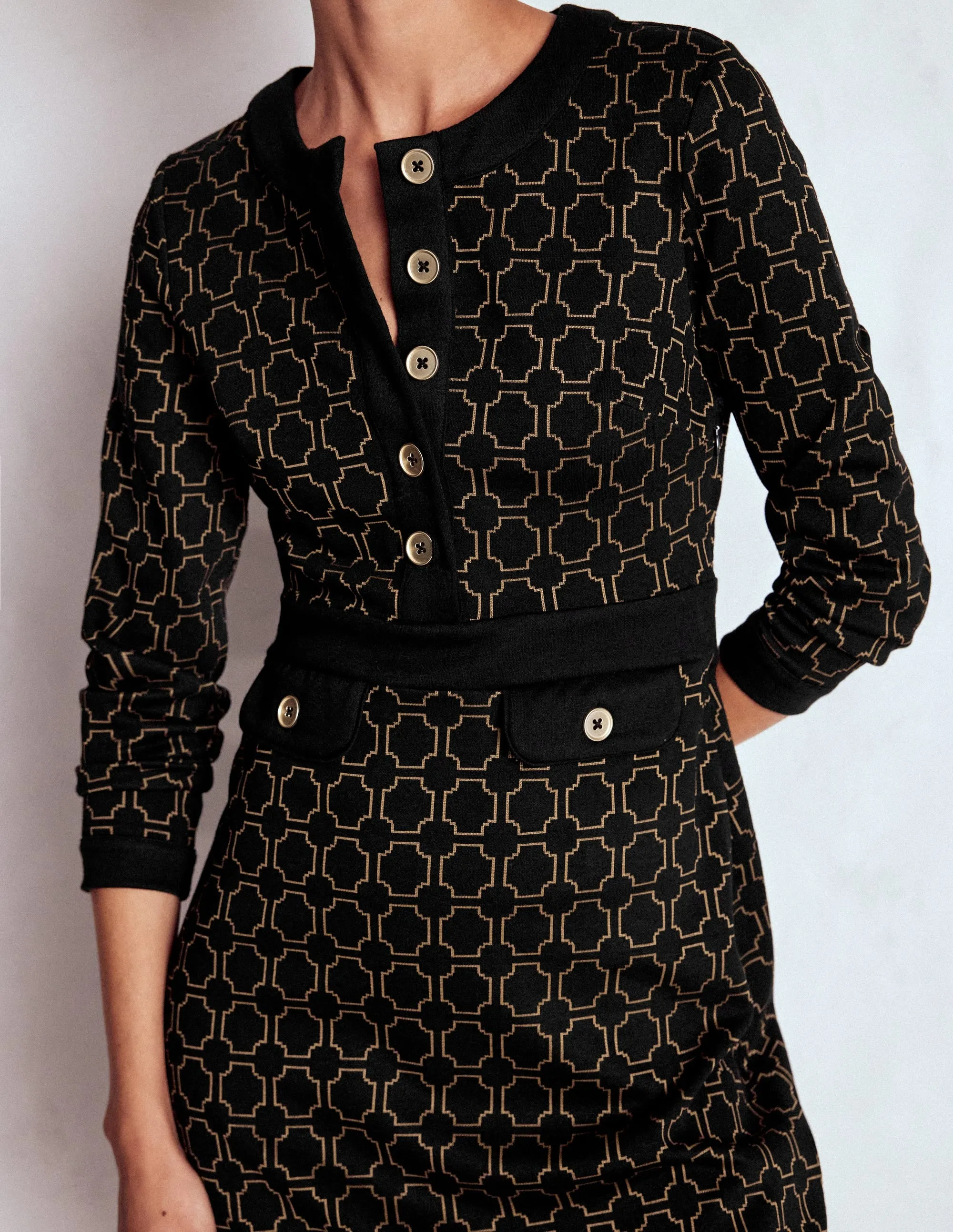 Lavinia Button Shift Dress-Black/Camel Jacquard Comfortable and Soft Fashionable Layers