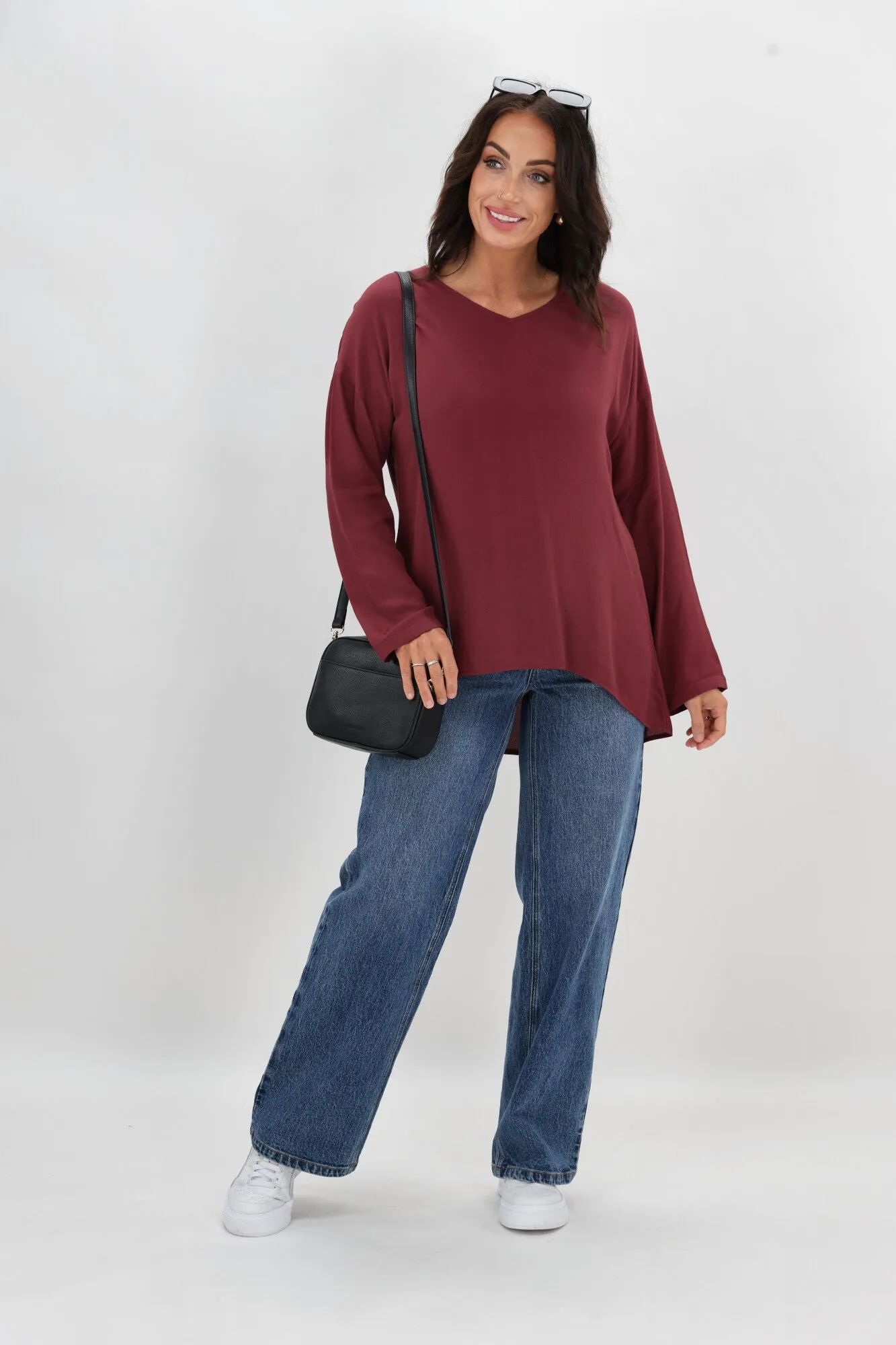 Shine On Label Camden V Neck Top Wine HighStrength Threadwork Modern Design