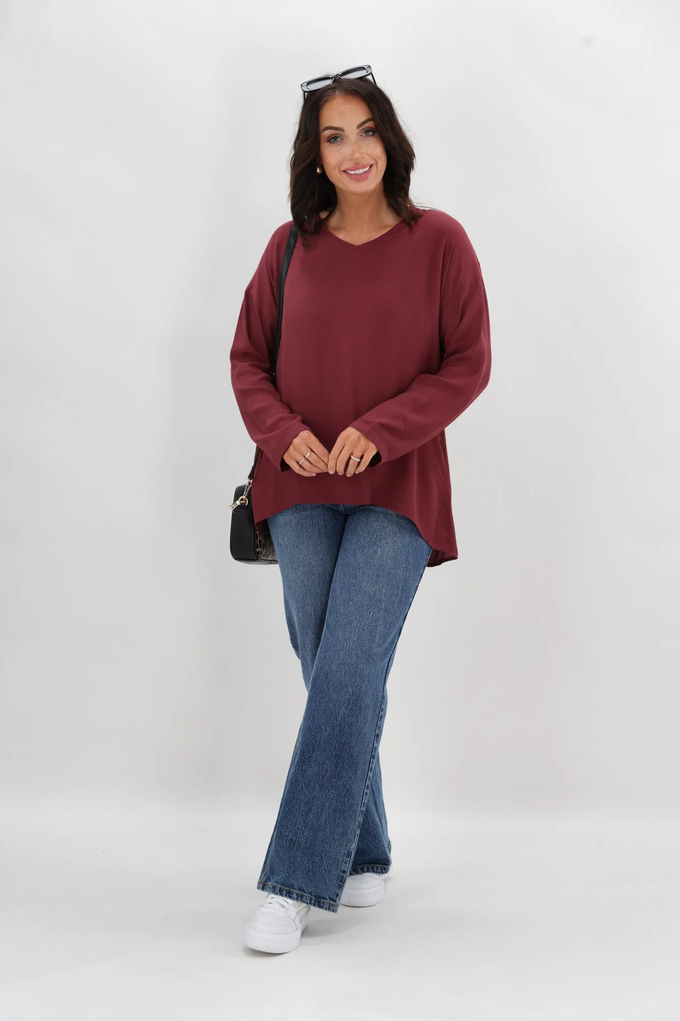 Multi Panel Cut Shine On Label Camden V Neck Top Wine