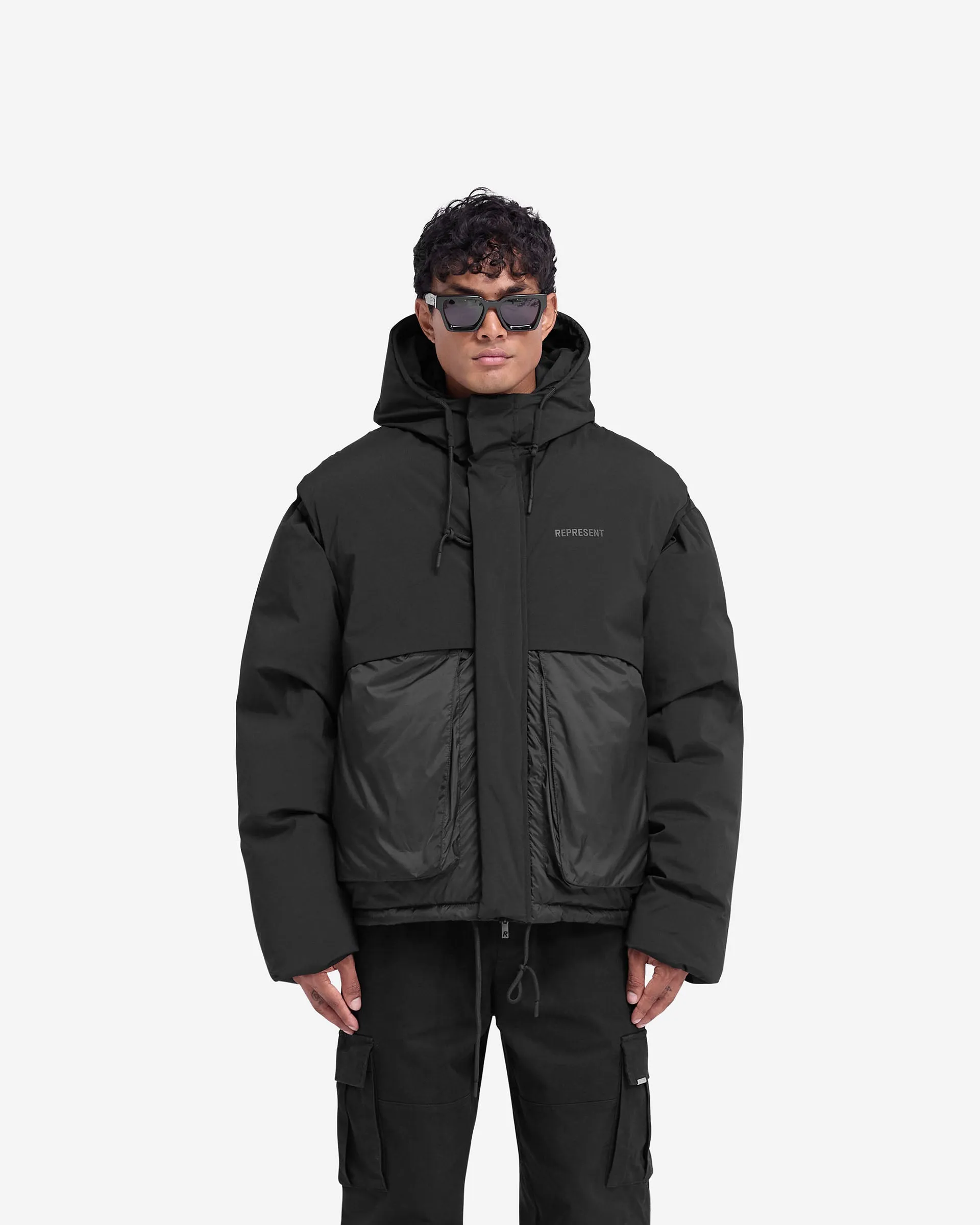 Layered Hooded Puffer - Jet Black Tapered Hem Waist Belt