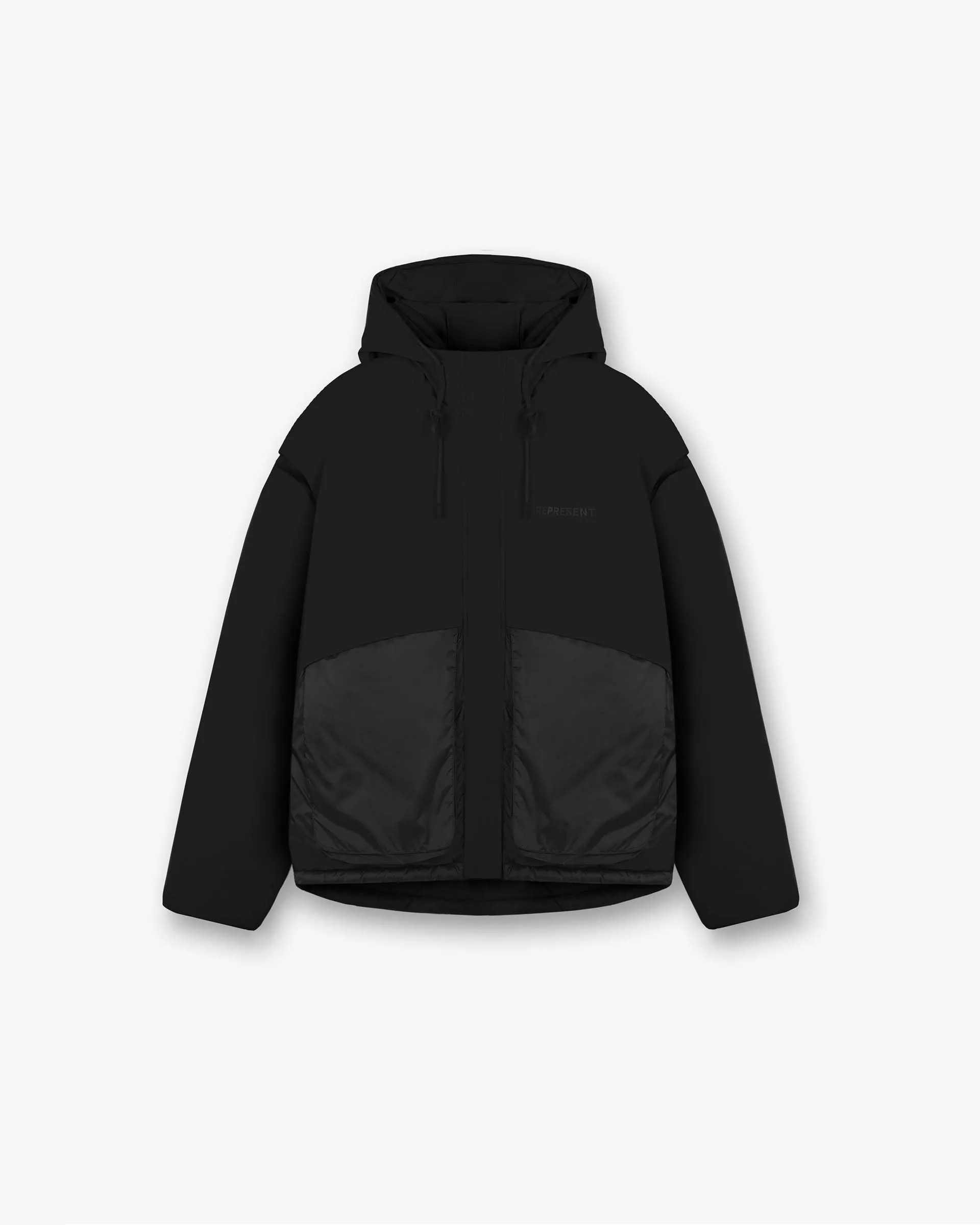Layered Hooded Puffer - Jet Black Stylish Chill Piece Weatherproof Zipper