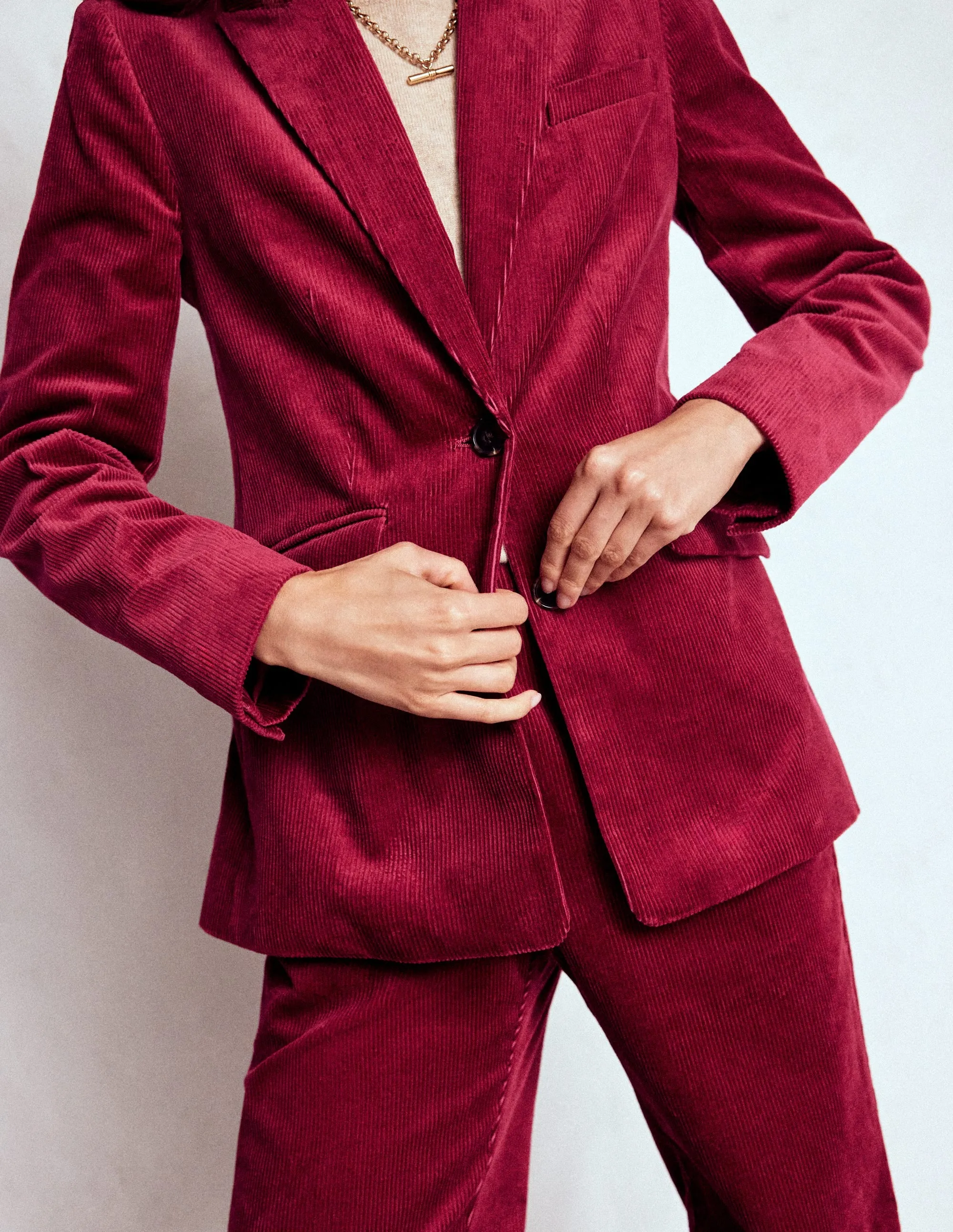 Poly Blend Soft Lined Interior Stamford Cord Blazer-Burgundy Red