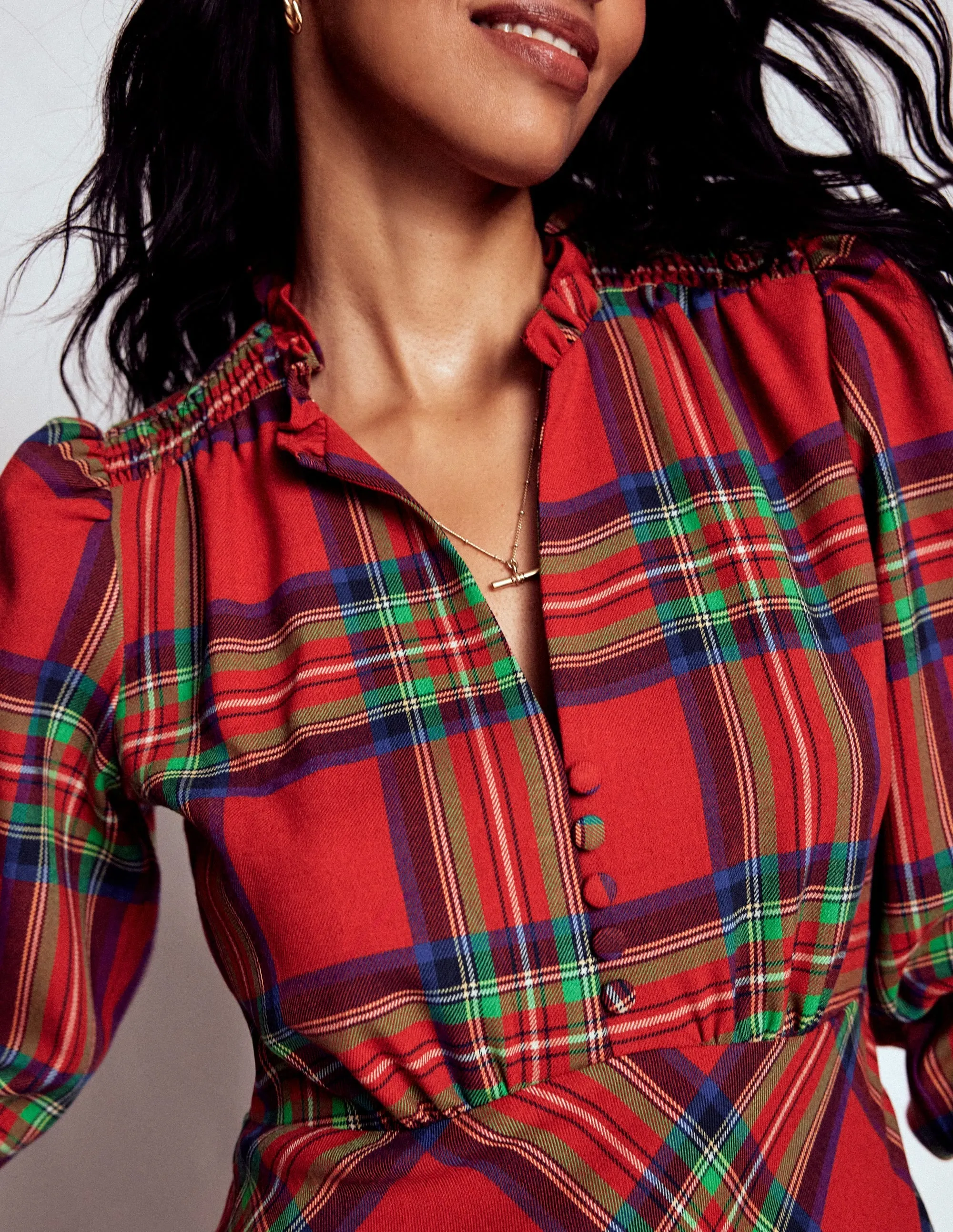 Cassie Check Tea Dress-Red, Blue and Green Check Festive Wear Tiered-Skirt