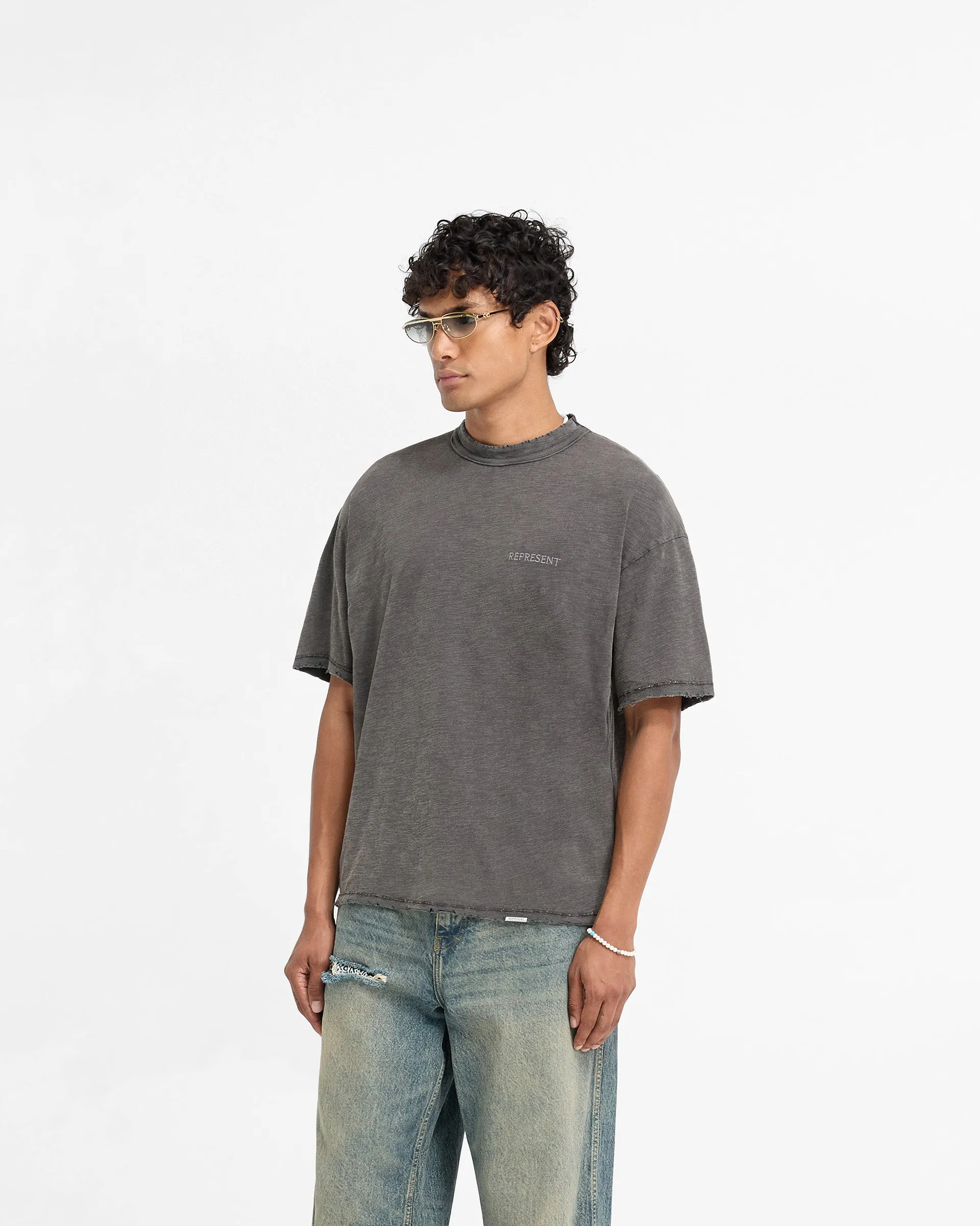 Slub T-Shirt - Vintage Grey Fade Resistant Print Layered Neckline