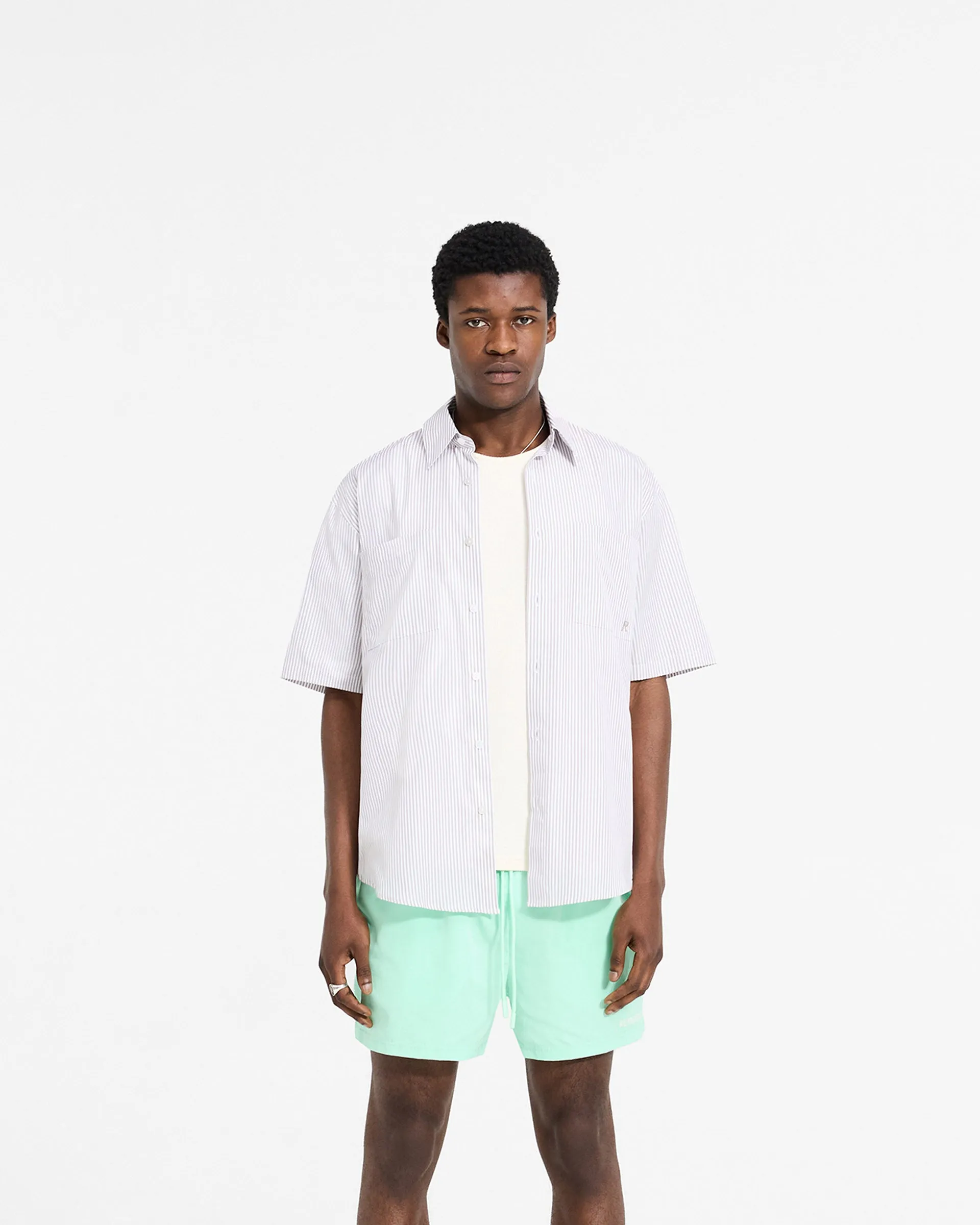 Smooth Cotton Blend Smooth Zipper Design Short Sleeve Pinstripe Shirt - Grey