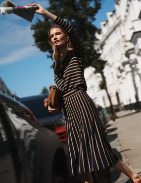 Bold Look Liz Knitted Midi Skirt-Navy and Camel Stripe