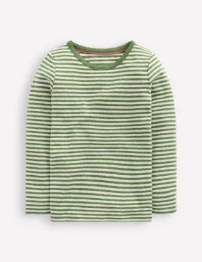 Wrinkle Resistant Weave DurableZipper Long Sleeve Pointelle Top-Safari Green Stripe