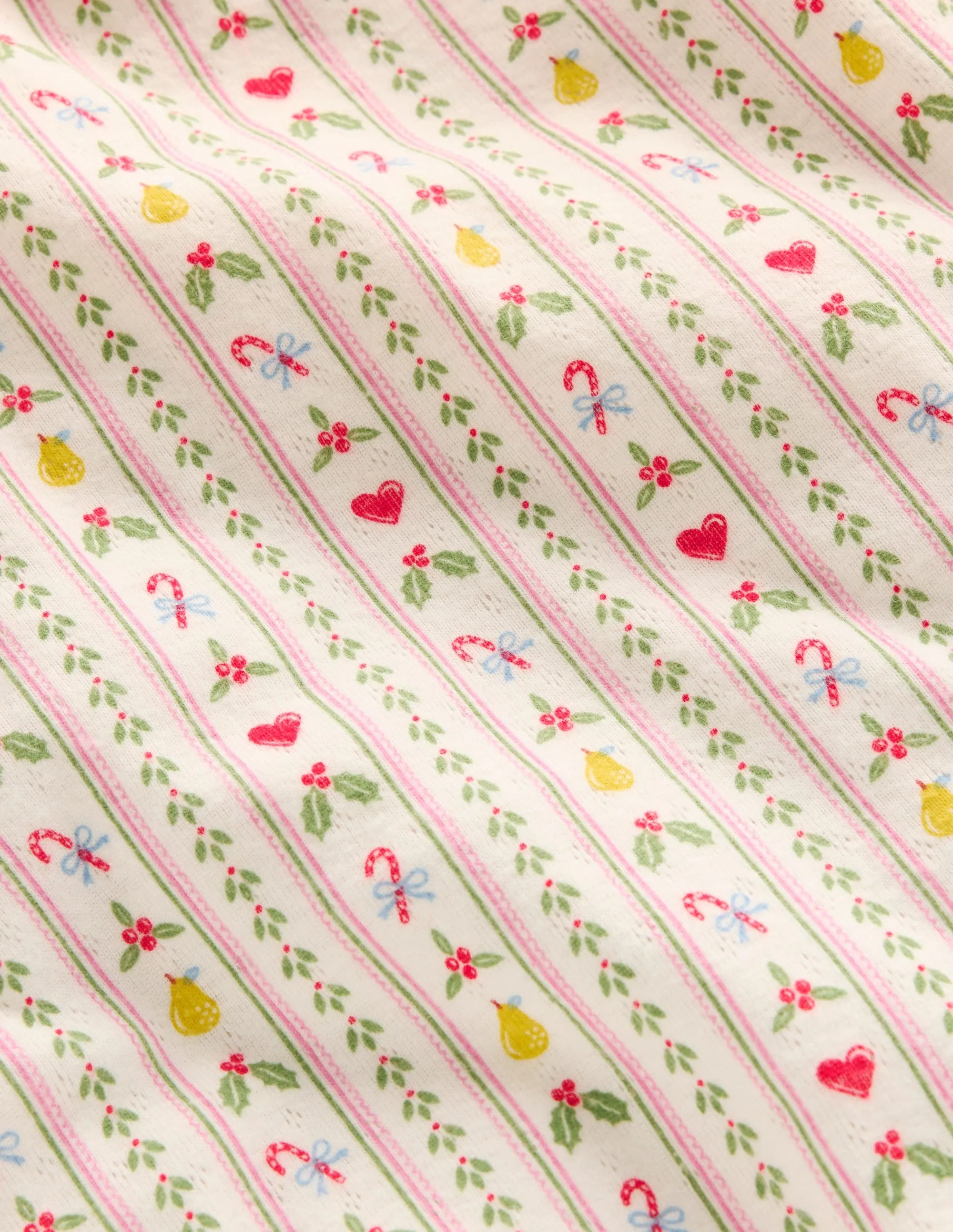 Long Sleeve Pointelle Top-Soft Ivory Nutcracker Stripe AdjustableHem Snag Proof Weave