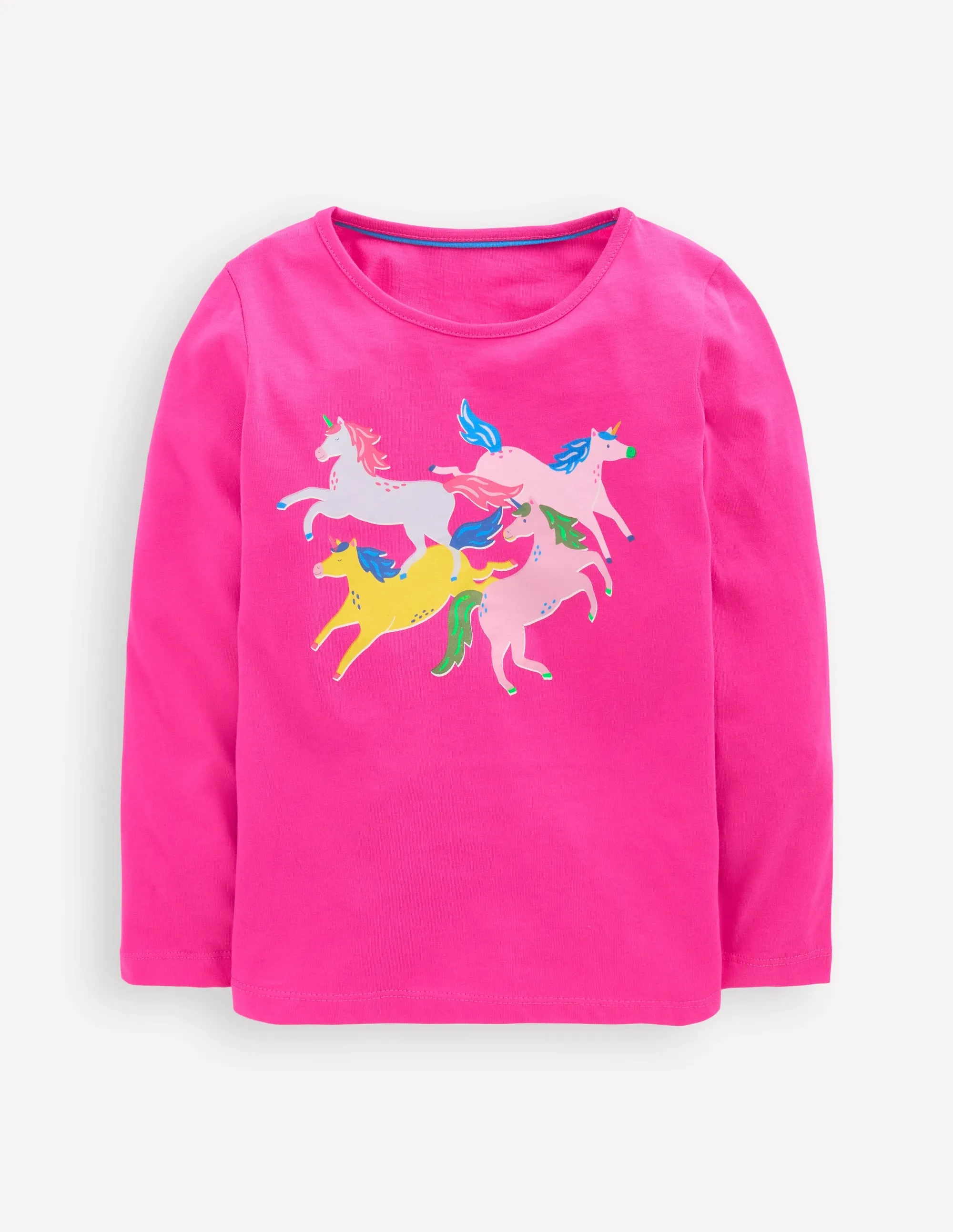 Long Sleeve Riso T-Shirt-Raspberry Pink Unicorns High Collar Design
