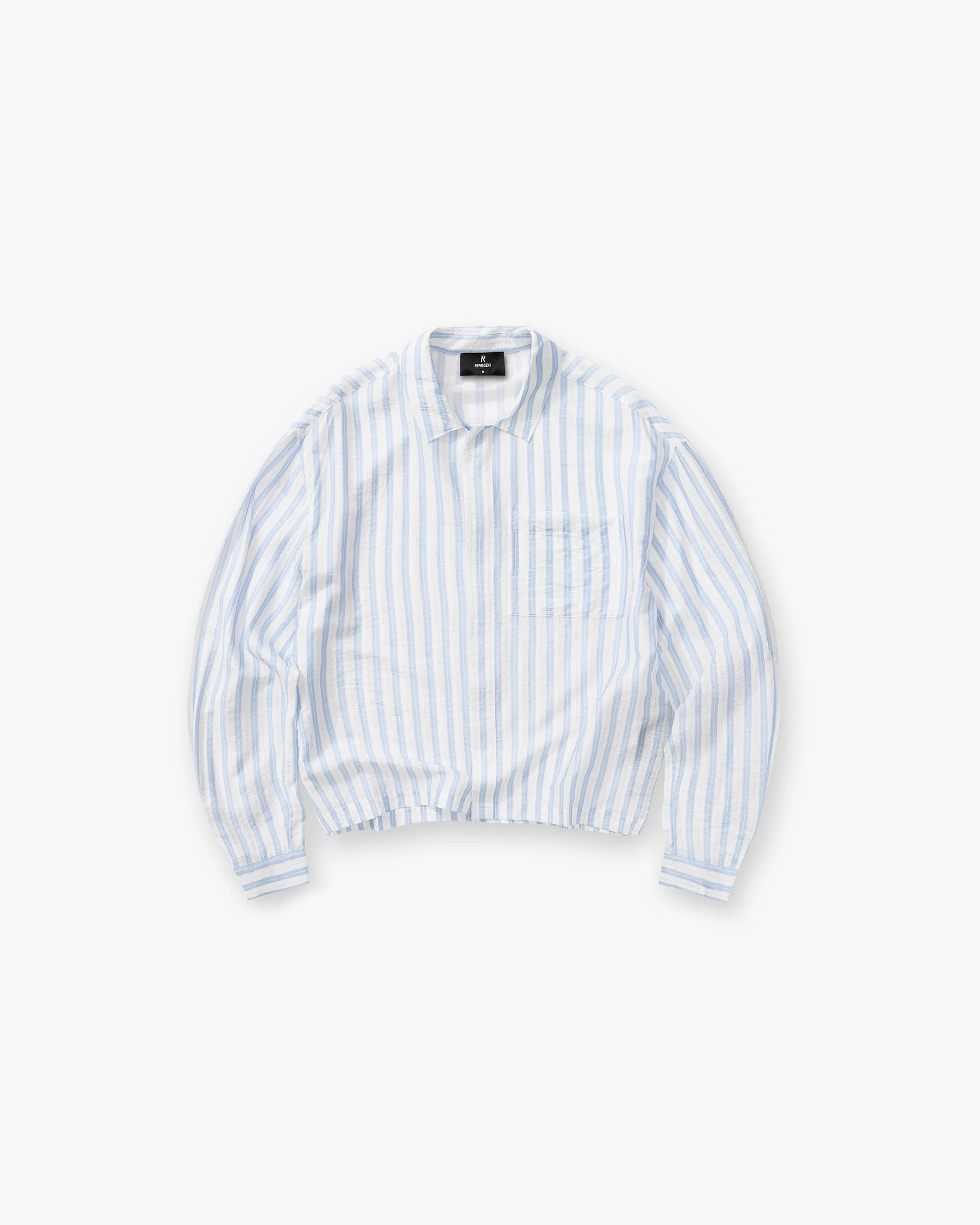 Long Sleeve Sheer Stripe Boxy Shirt - Ice Blue Seamless Shoulder Construction