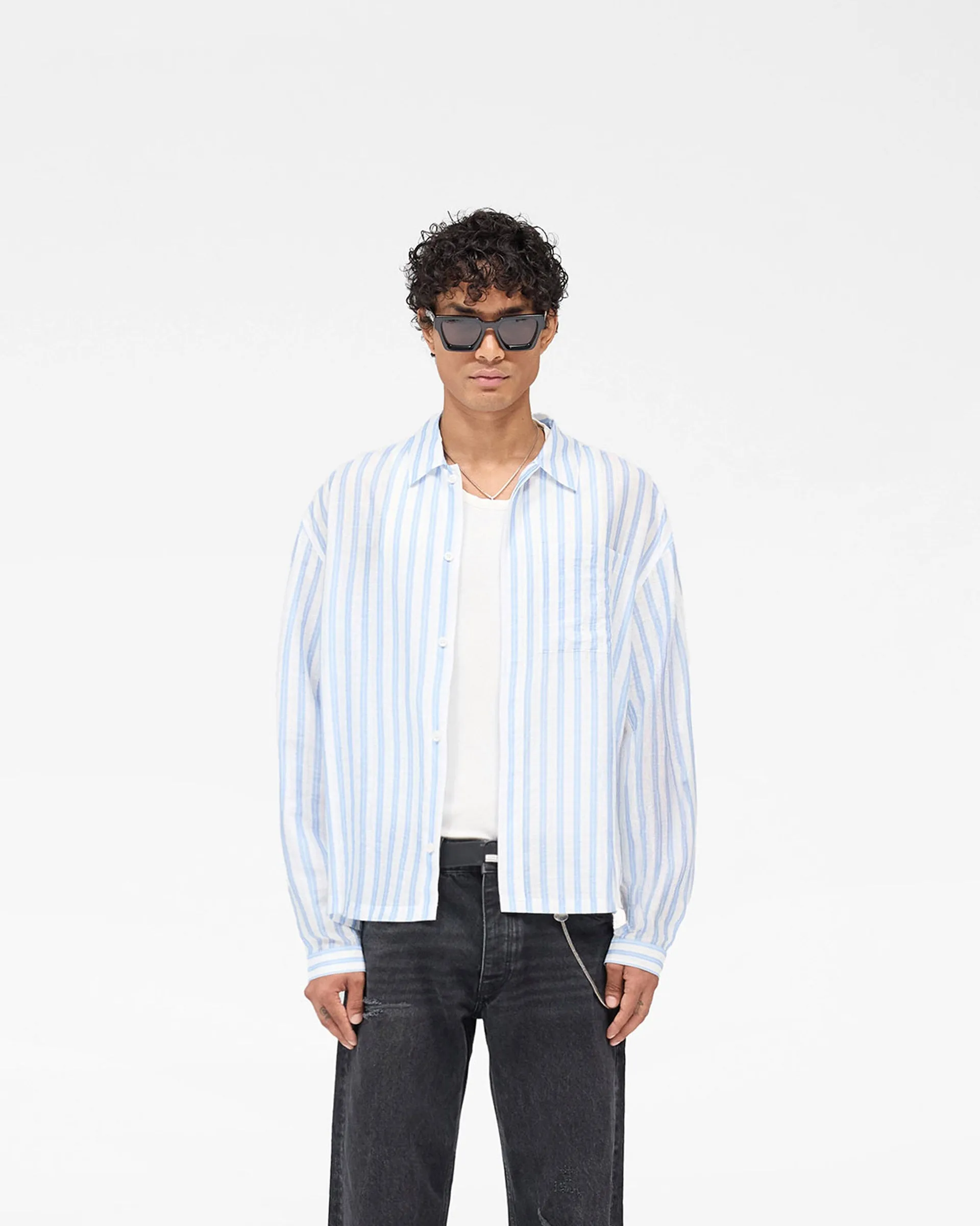 No Slip Shoulder Grip Weekend Outfit Long Sleeve Sheer Stripe Boxy Shirt - Ice Blue