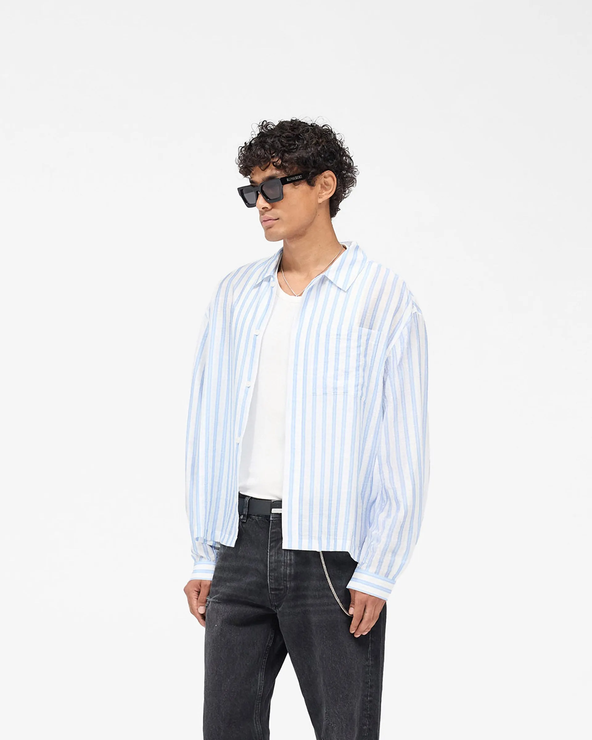 Seasonal Essential Essential Fit Long Sleeve Sheer Stripe Boxy Shirt - Ice Blue