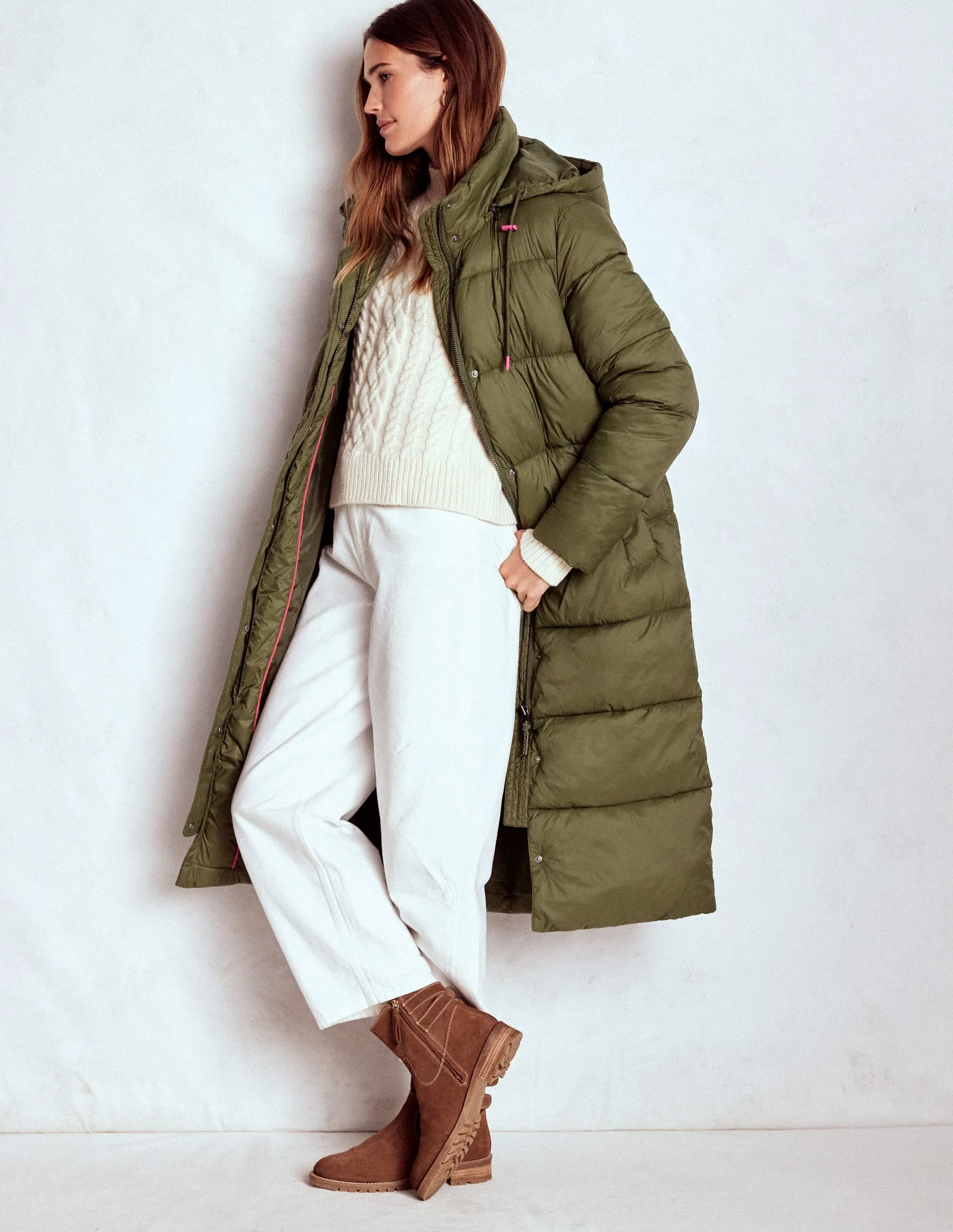Minimalist Design Longline Padded Coat-Woodland Green