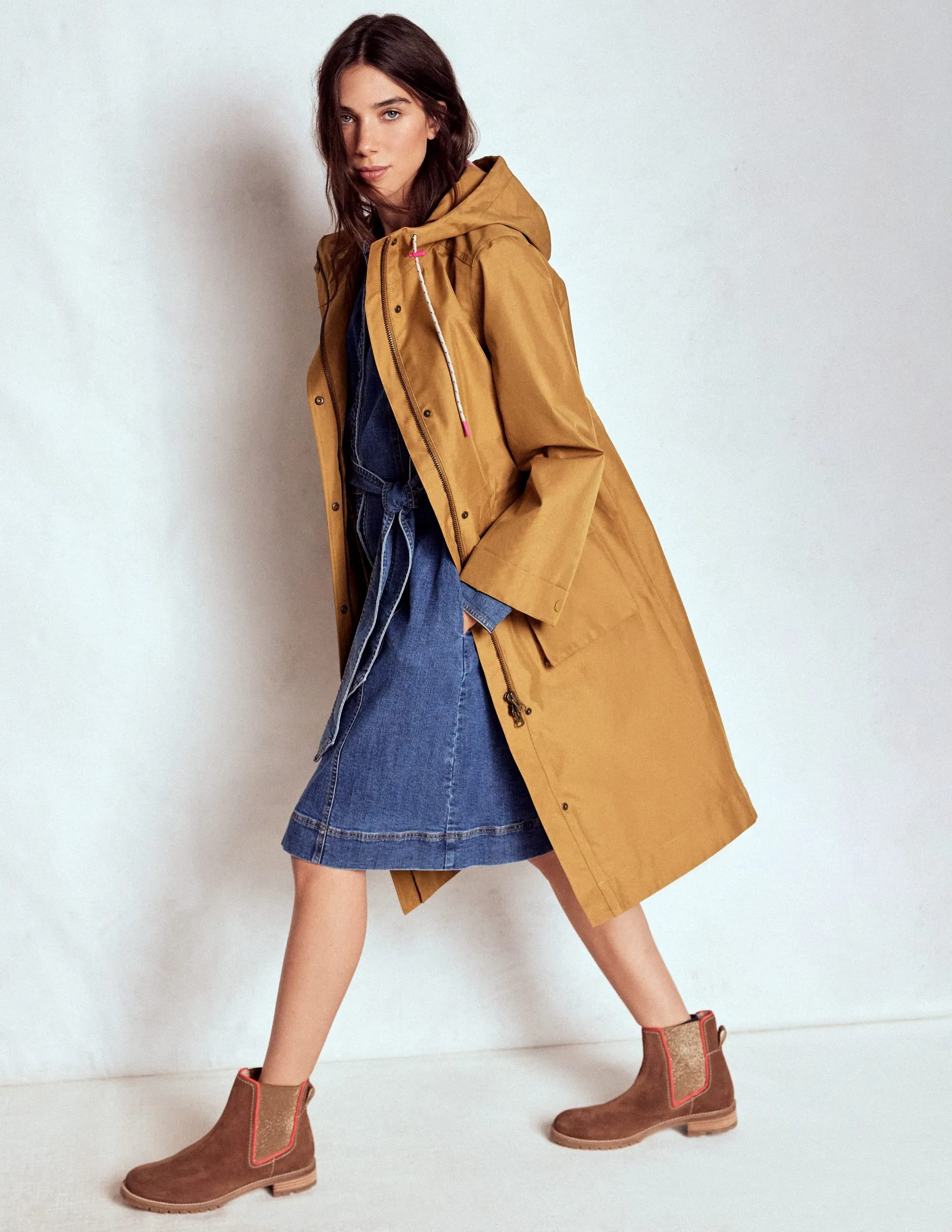 Button Closure Simple Comfort Longline Rain Mac-Hazelnut Brown