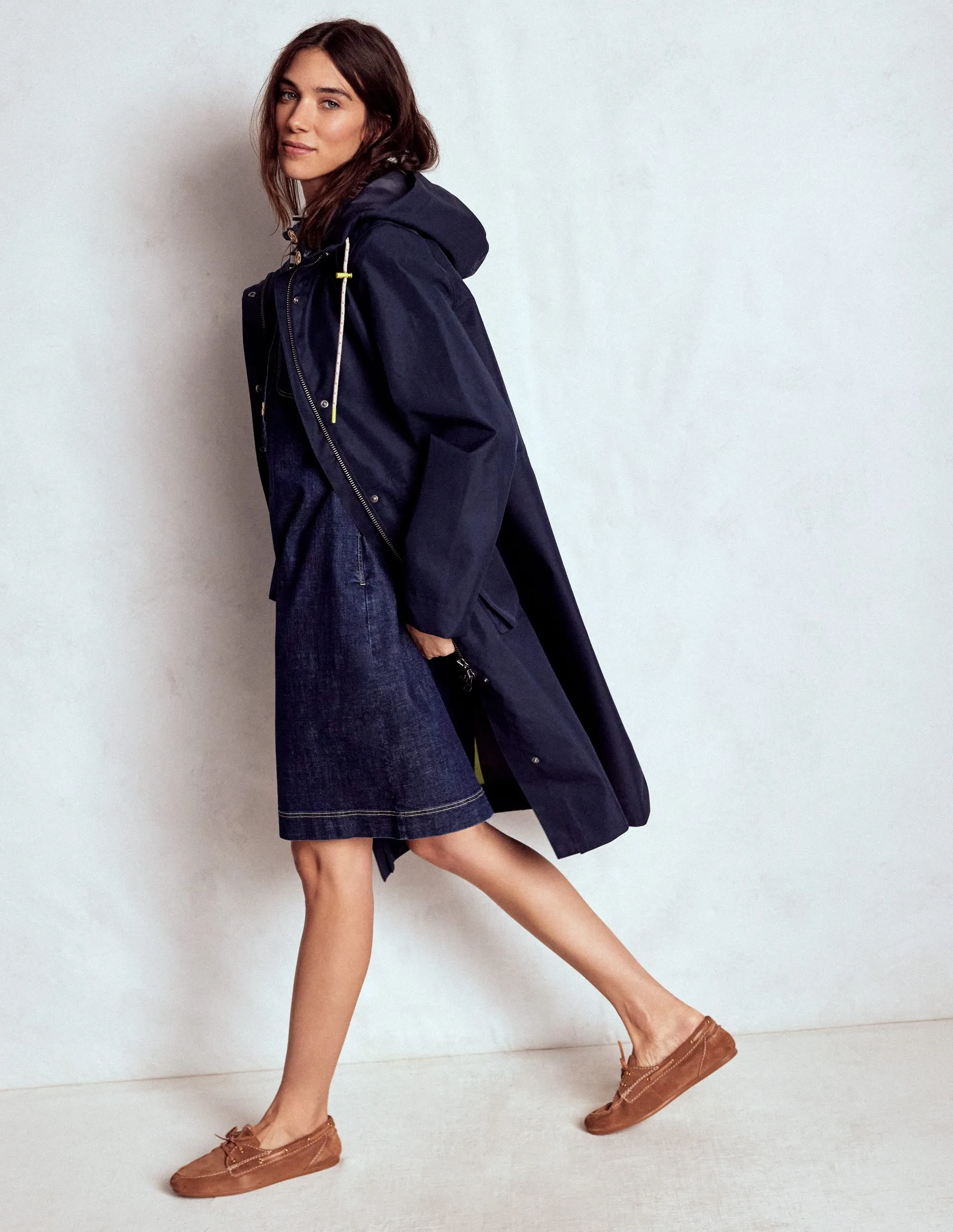 Adjustable Detachable Hood Longline Rain Mac-Navy Colourblock