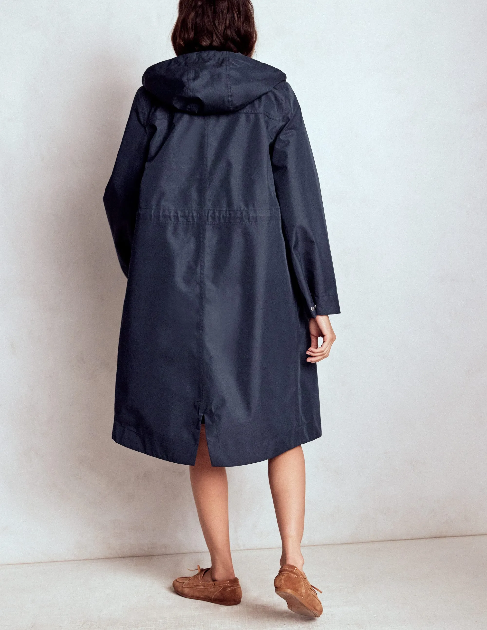 Softshell Fabric Neutral Tones Look Longline Rain Mac-Navy Colourblock