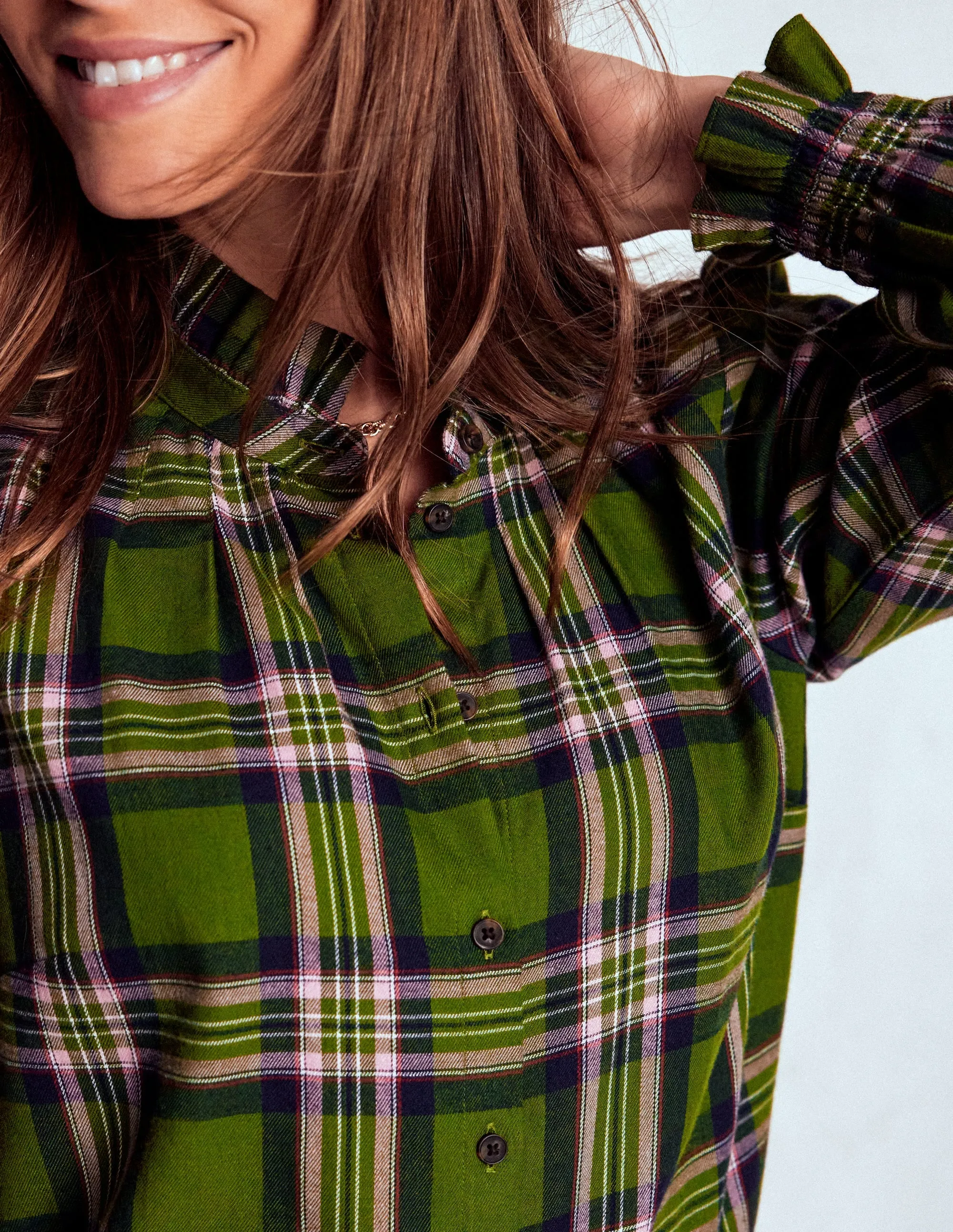 Roomy Cut Lorna Brushed Cotton Top-Green, Navy & Pink Check